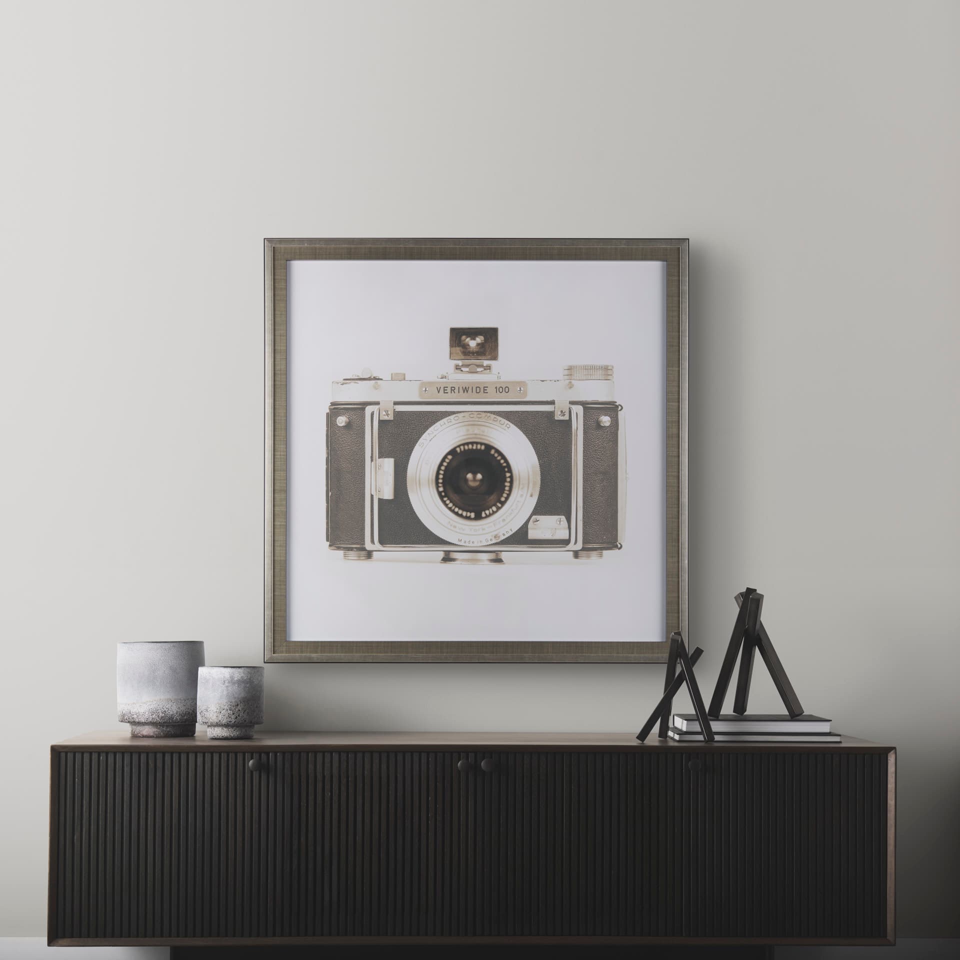 Retro Camera I by Mercana Studio a Hand Embellished Textured Framed Photo Art Print Matted under Gla — in a styled room