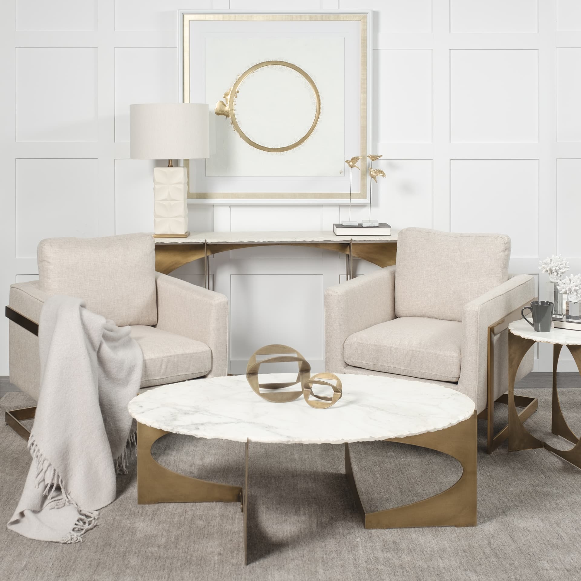 Reinhold 49" Round White Marble Top Gold Metal Base Coffee Table — product photograph