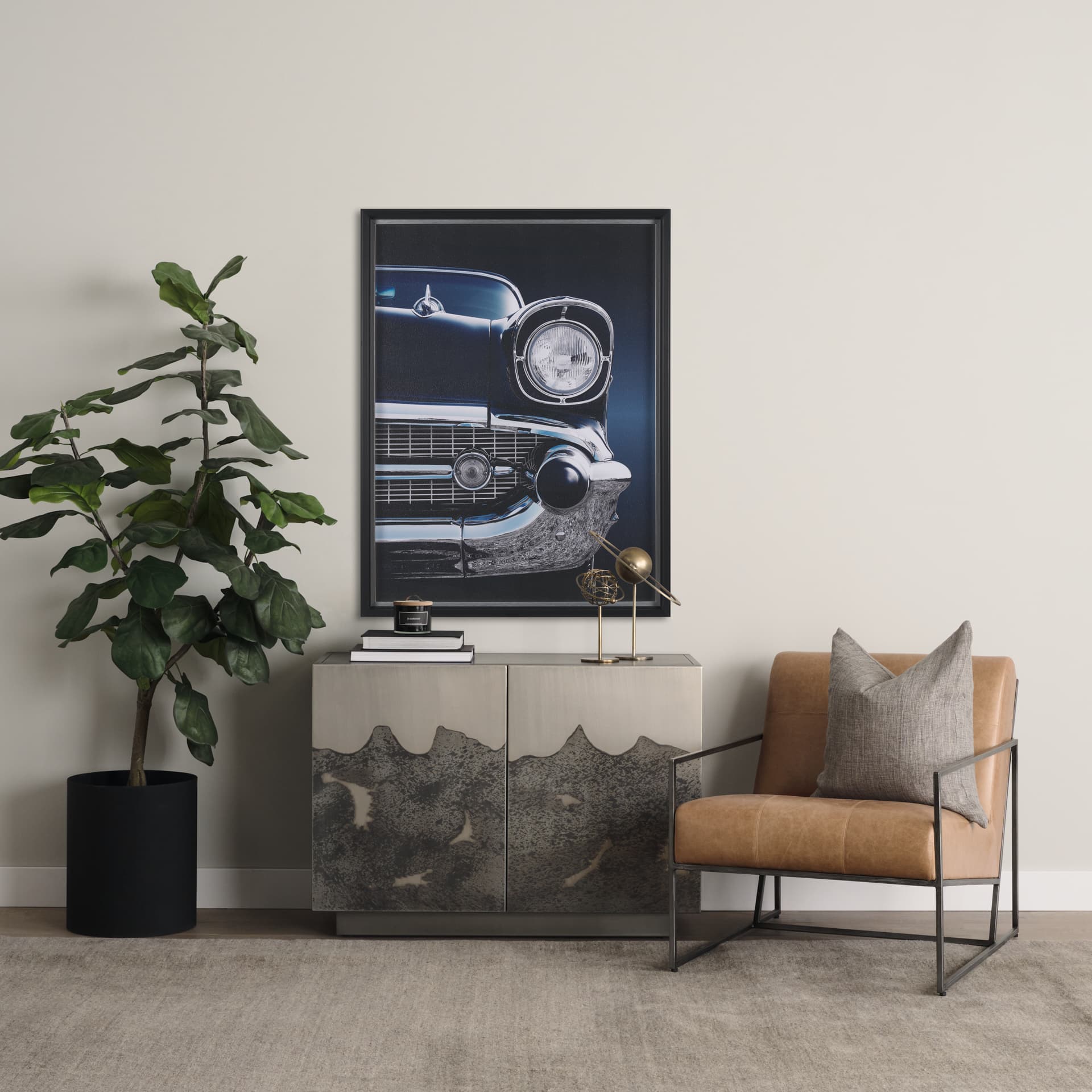 Stratton Gunmetal w/ Genuine Brown Leather Upholstered Accent Chair — product photograph