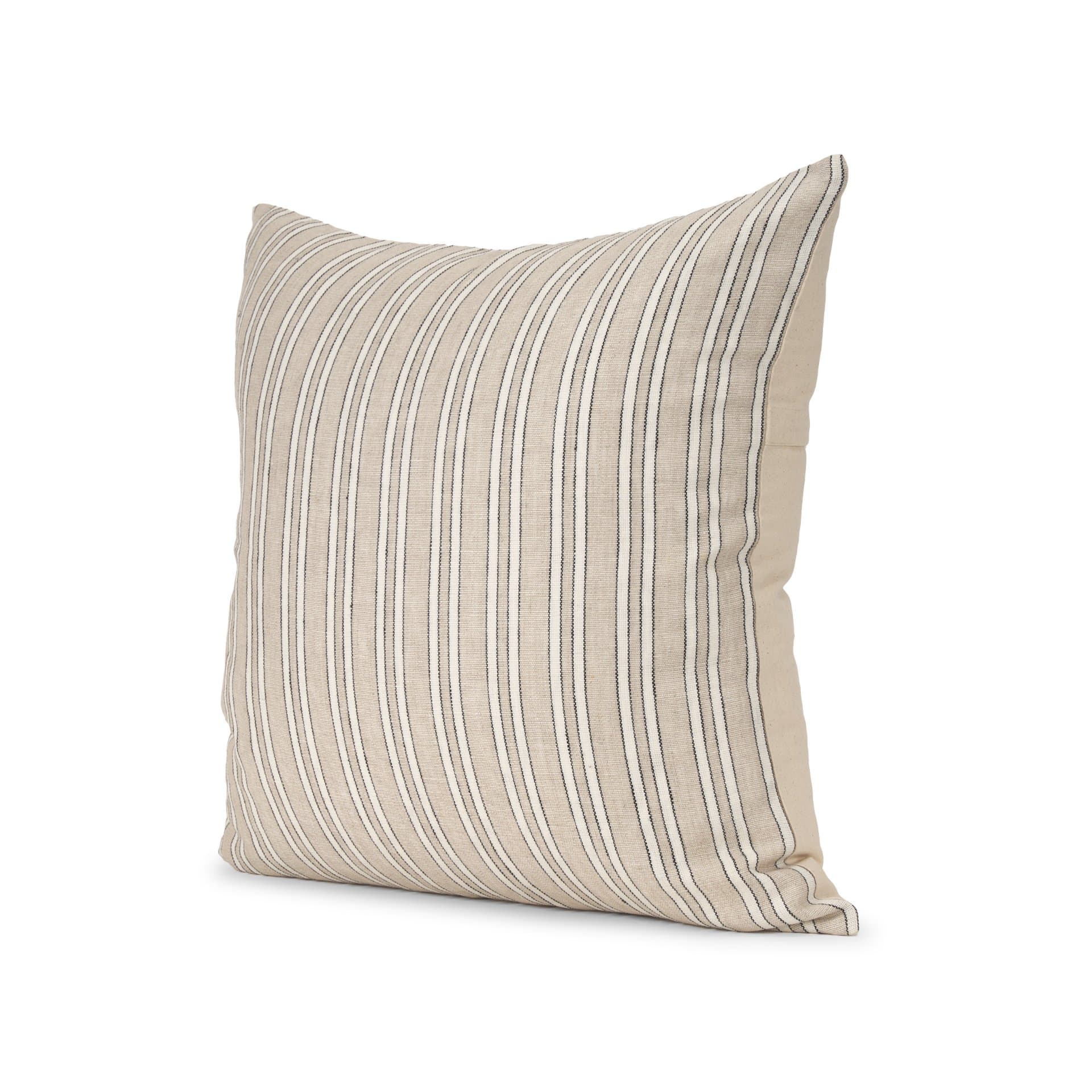 Jaxon 22x22 Beige/Black Striped Cotton-Linen Square Pillow Cover w/Down Filler — product photograph