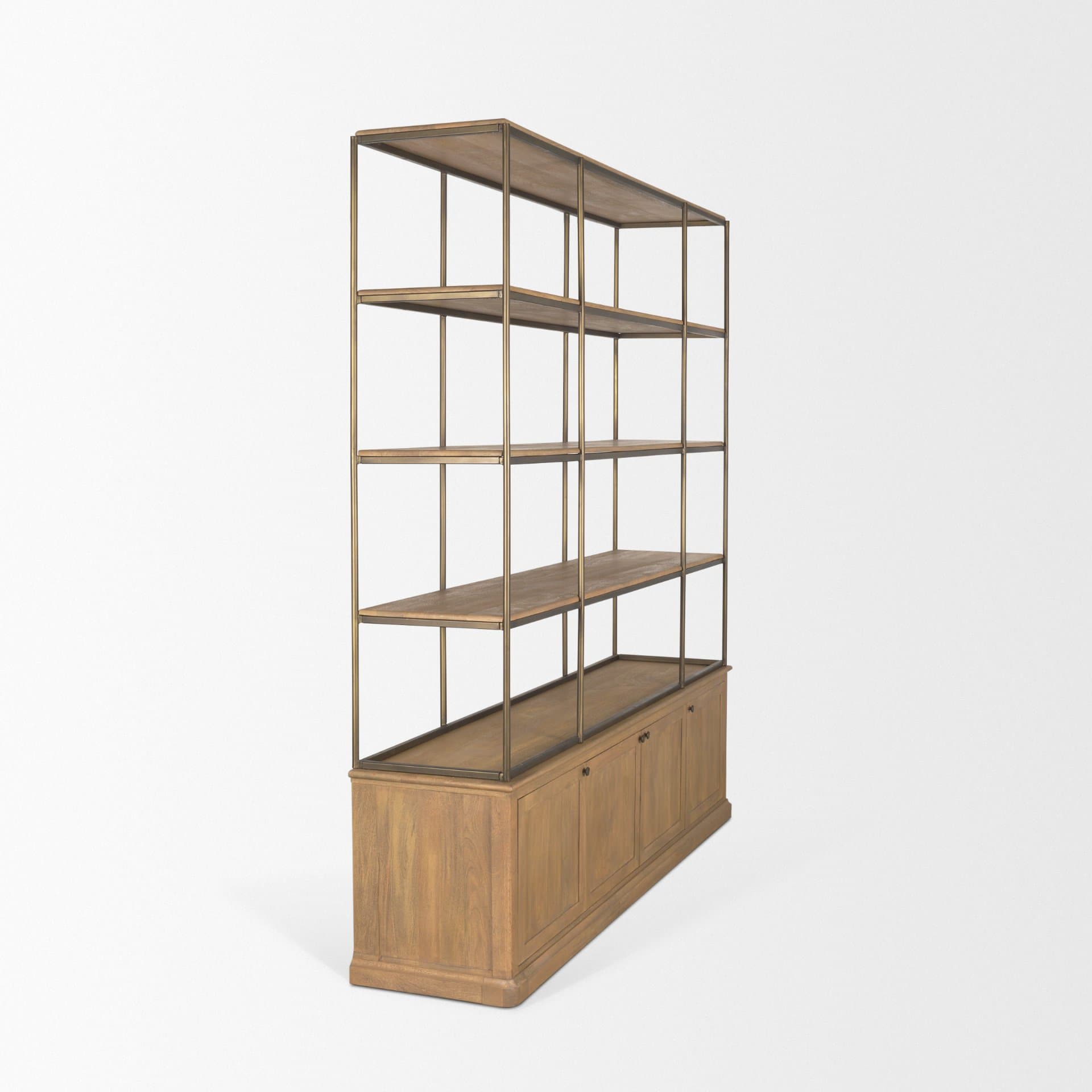 Baron 4-Door Light Brown Wood w/ Gunmetal Open Shelving Unit — product photograph