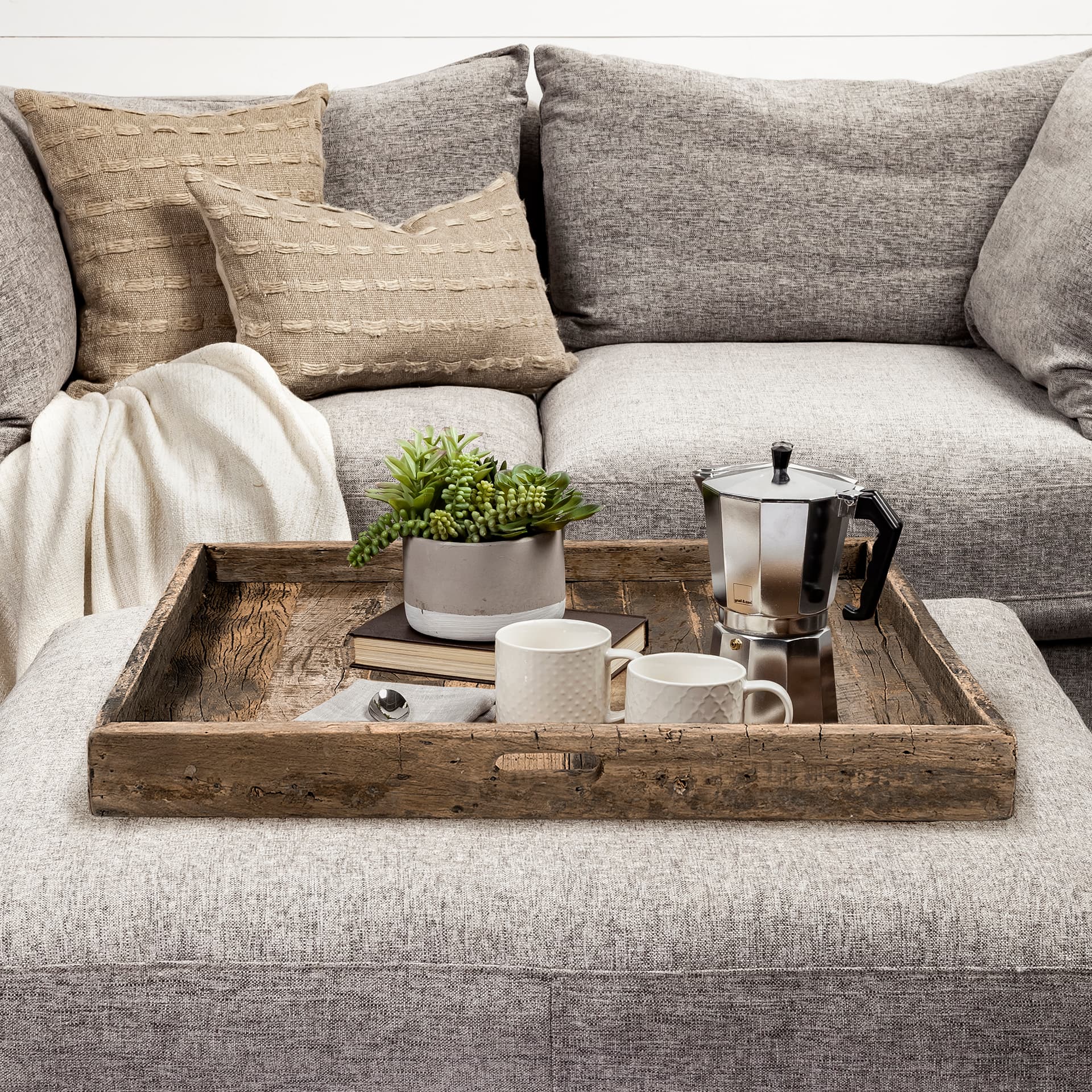Carson (Large) 30L x 30W Brown Reclaimed Wood Tray — in a styled room