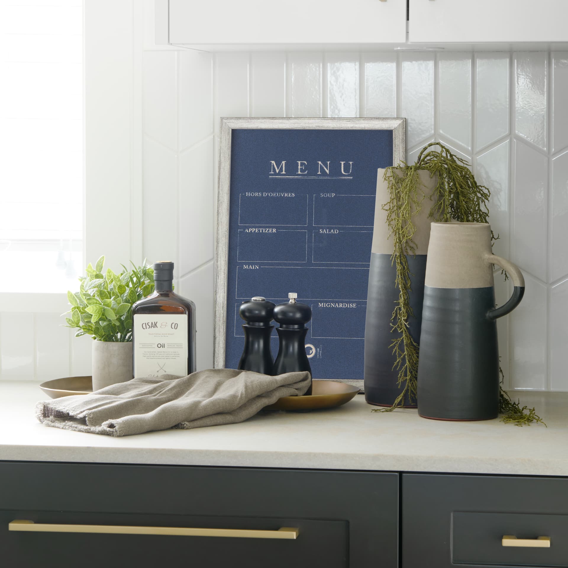 MENU II by Mercana Studio a Hand Embellished Textured Framed Art Print Matted under Glass — in a styled room