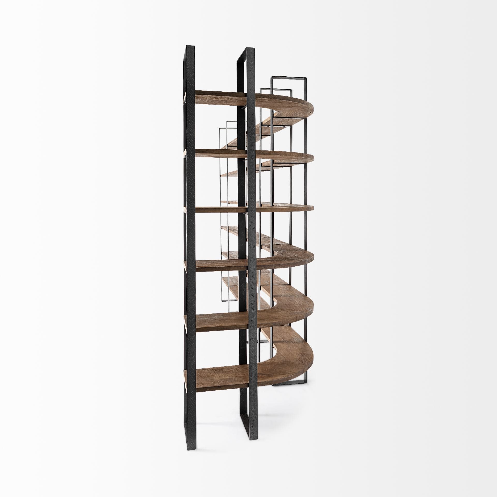 Turner II 37L x 10.5W x 90H Curved Dark Brown Wood And Black Iron Six Shelving Unit — product photograph