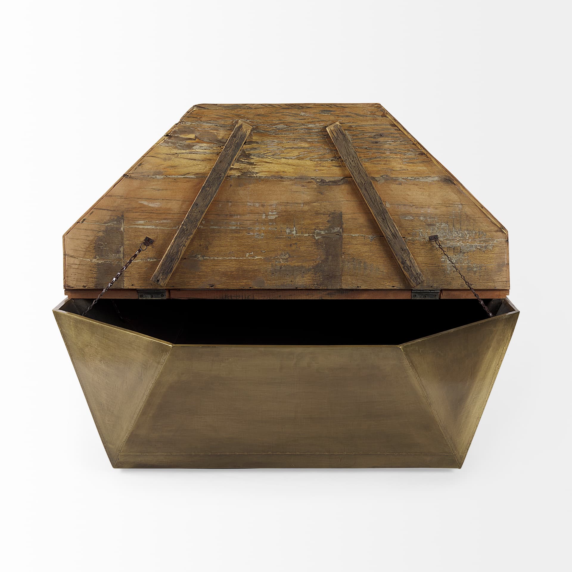Esagono Octagonal Gold Metal-Clad Reclaimed Wood Coffee Table w/ Storage — product photograph