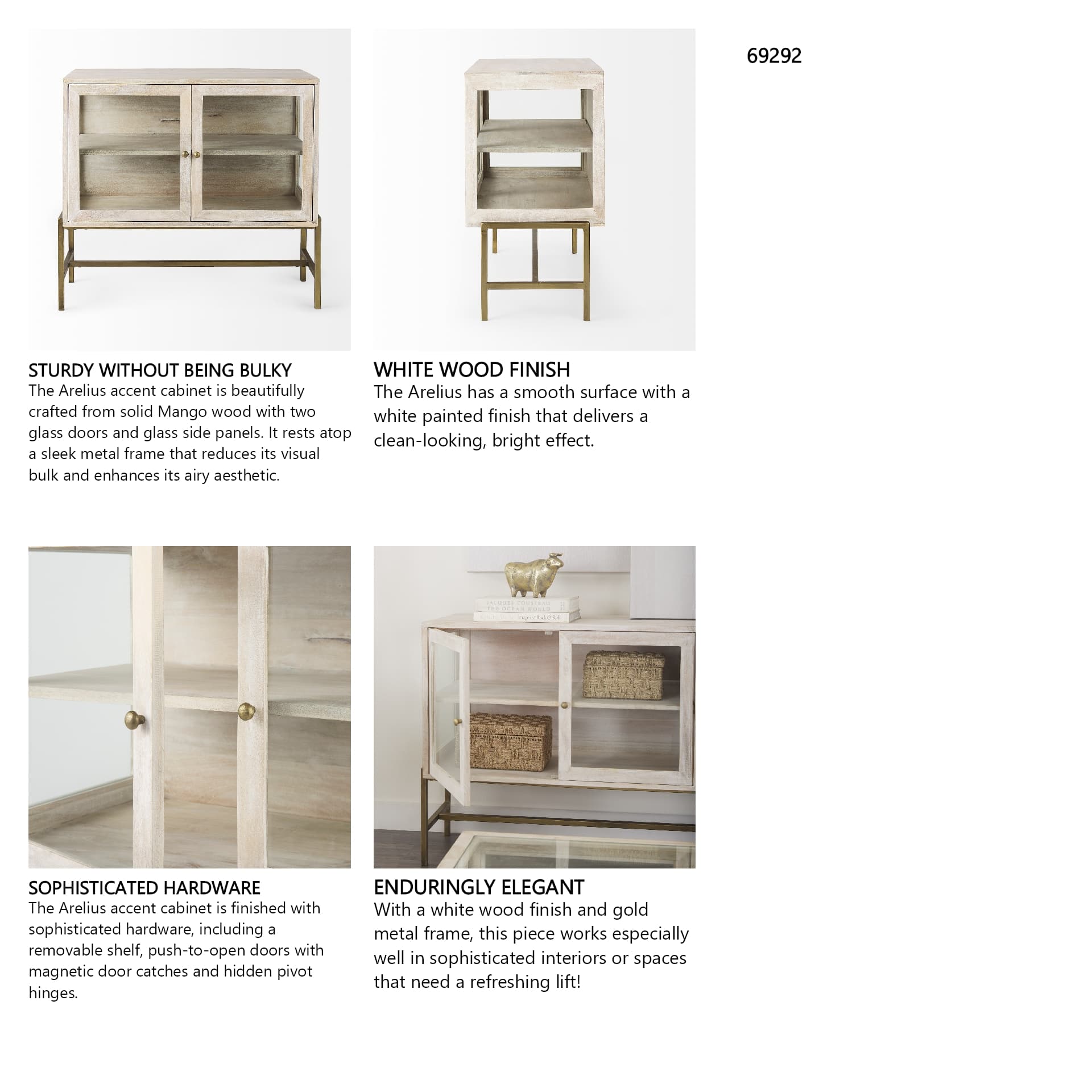 Arelius 36L x 18W x 32H White Wood, Gold Metal Base w/ 2 Glass Doors Accent Cabinet — in a styled room