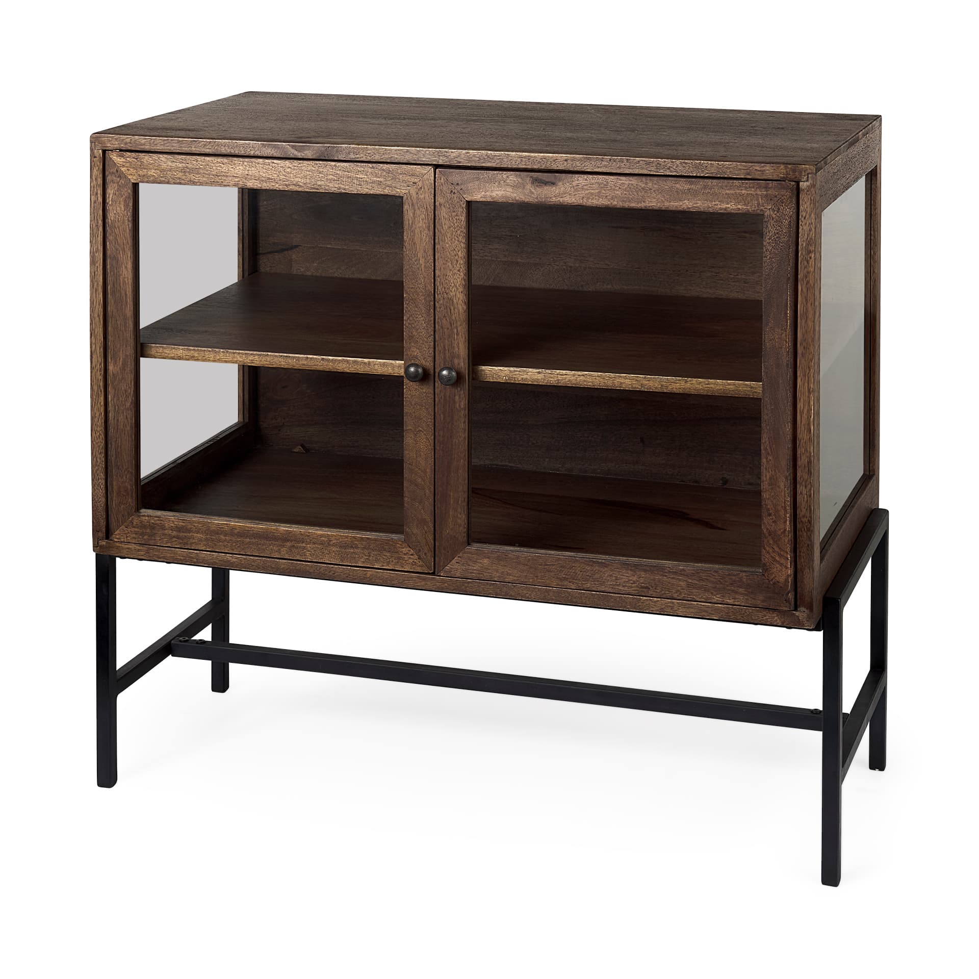 Arelius 36L x 18W x 32H Medium Brown Wood, Black Metal Base w/ 2 Glass Doors Accent Cabinet — product photograph