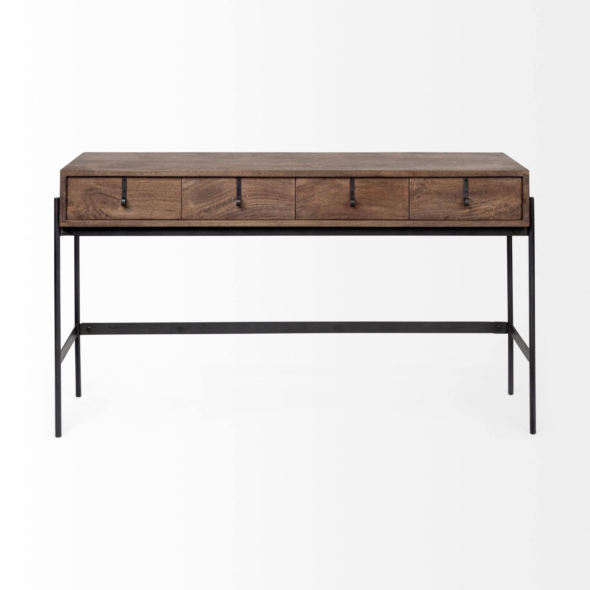 Glenn III 56L x 14W Dark Brown Wood w/ Black Iron Frame, 4 Drawer Console Table — product photograph