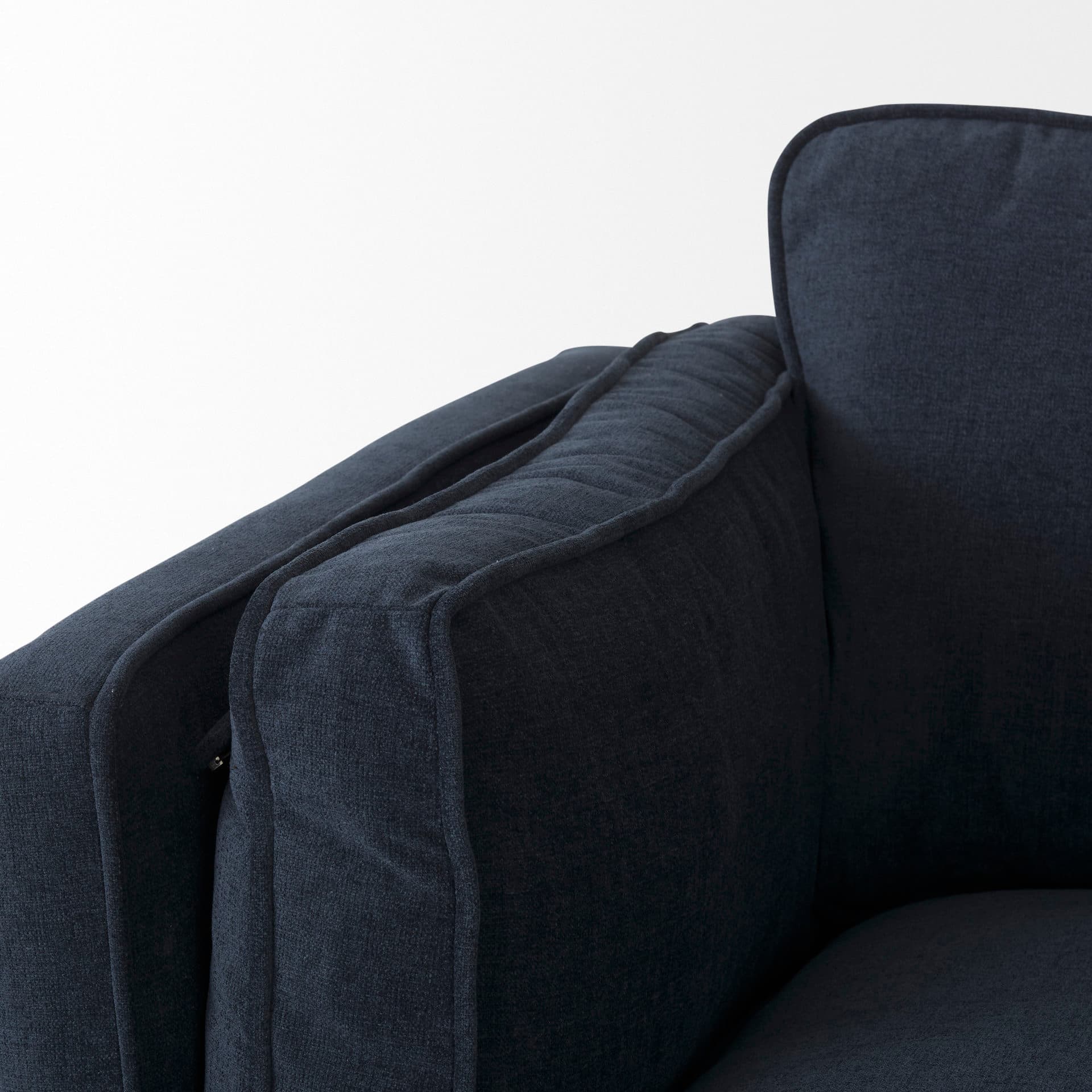 Brooks 90.2L x 34.8W x 33.5H Navy Blue Fabric Three Seater Sofa W/ Medium Brown Wooden Legs — product photograph