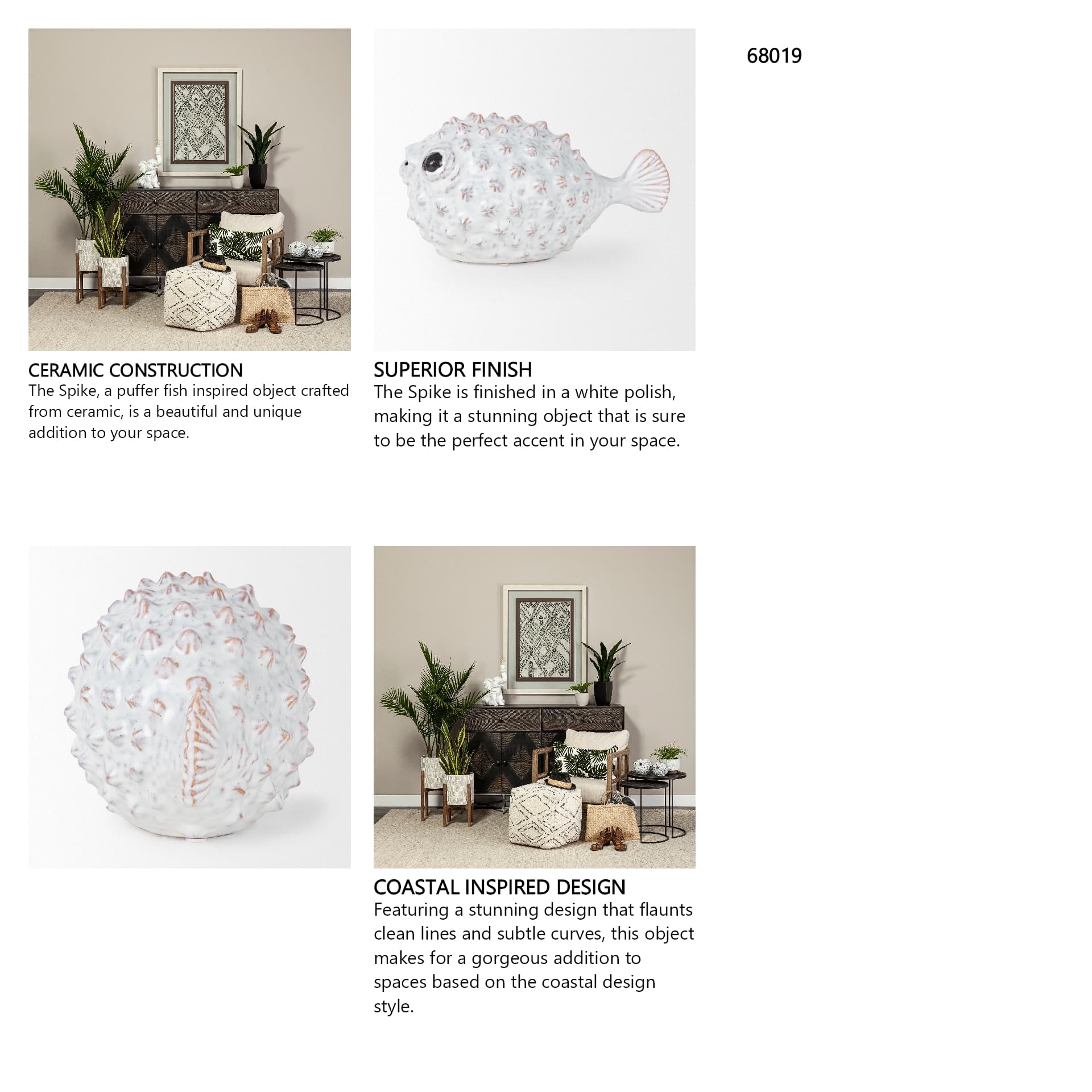 Spike II (Large) 10L x 6W Off-White Ceramic Puffer Fish — in a styled room