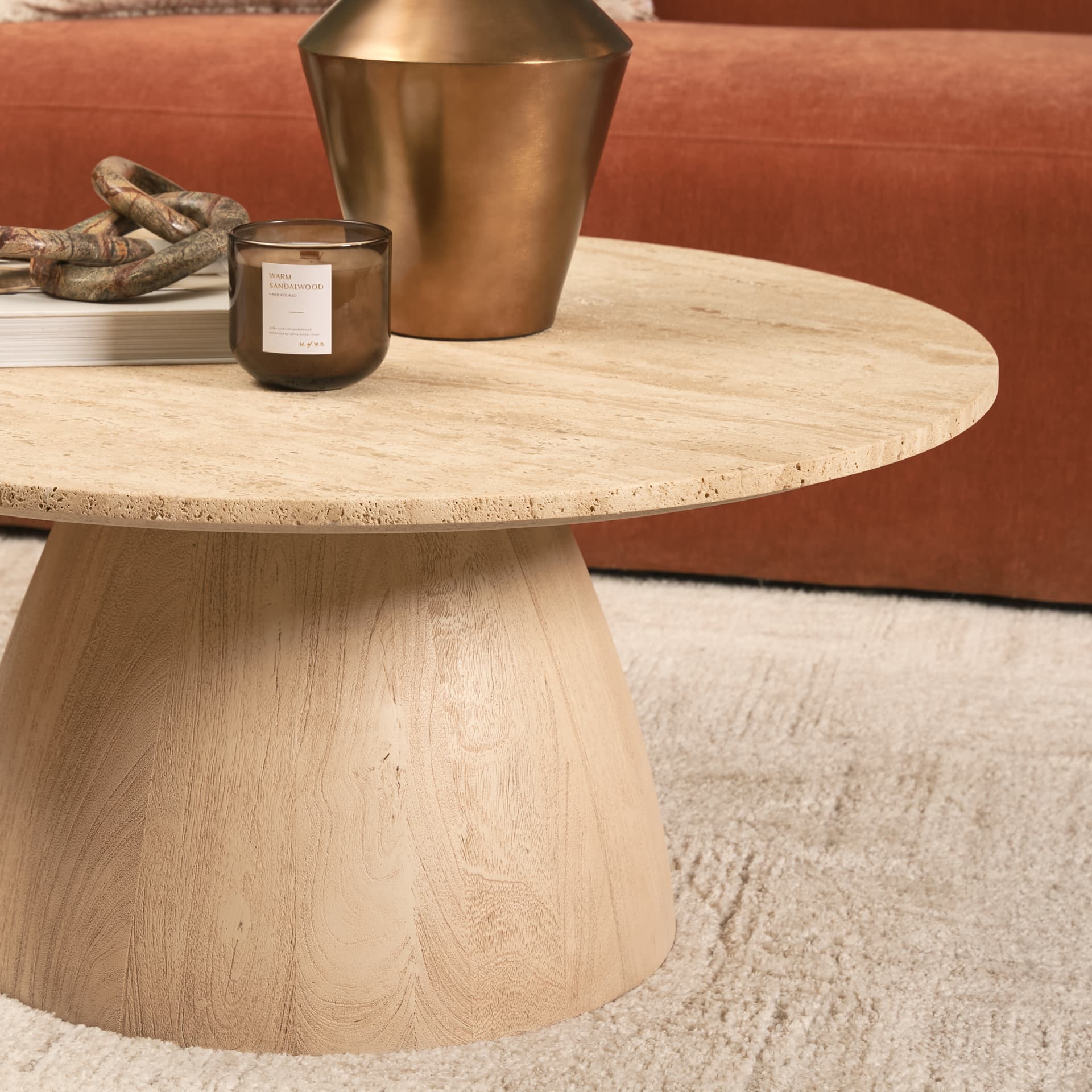 Allyson 36" Light Wood Base w/ Travertine Top Coffee Table — product photograph