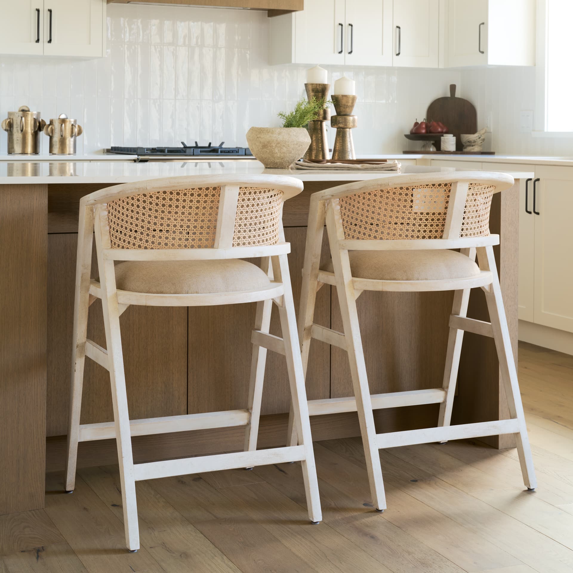 Tabitha Low Back 26.75in Seat Counter Stool | Beige Fabric w/ Wood — product photograph