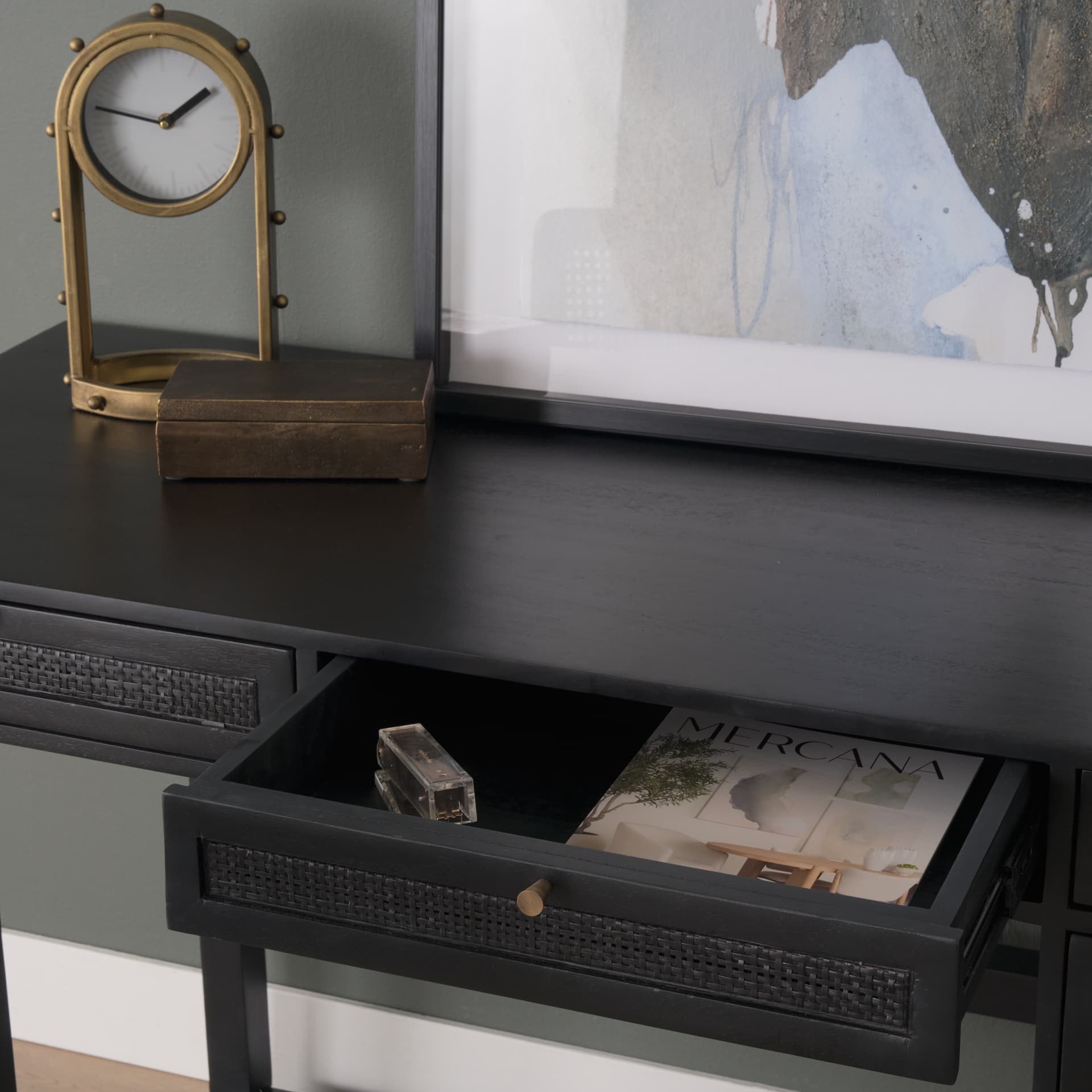 Grier 60" Black Solid Wood W/ Black Cane Office Desk — product photograph