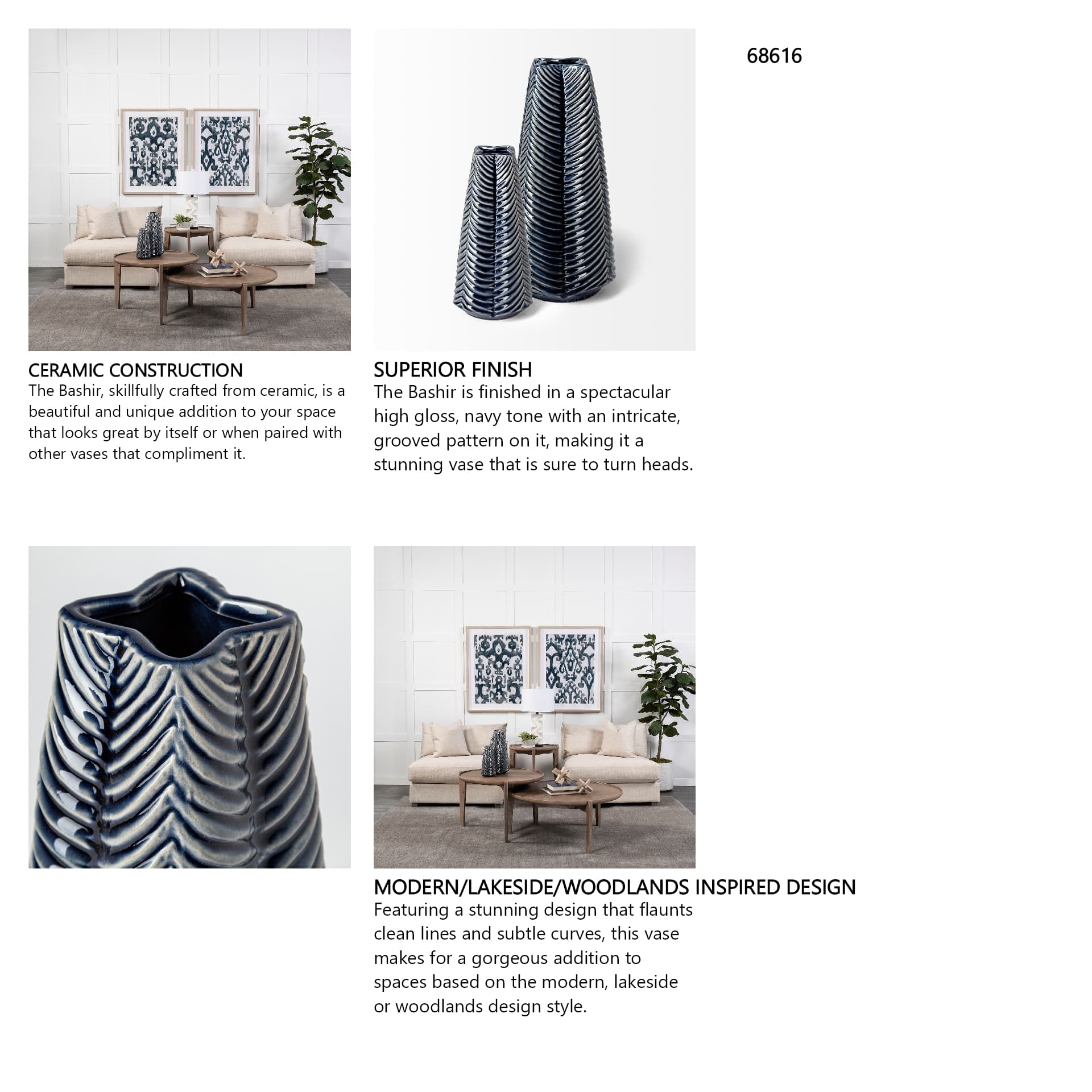 Bashir II Large Dark Navy Gloss Ceramic Vase — in a styled room
