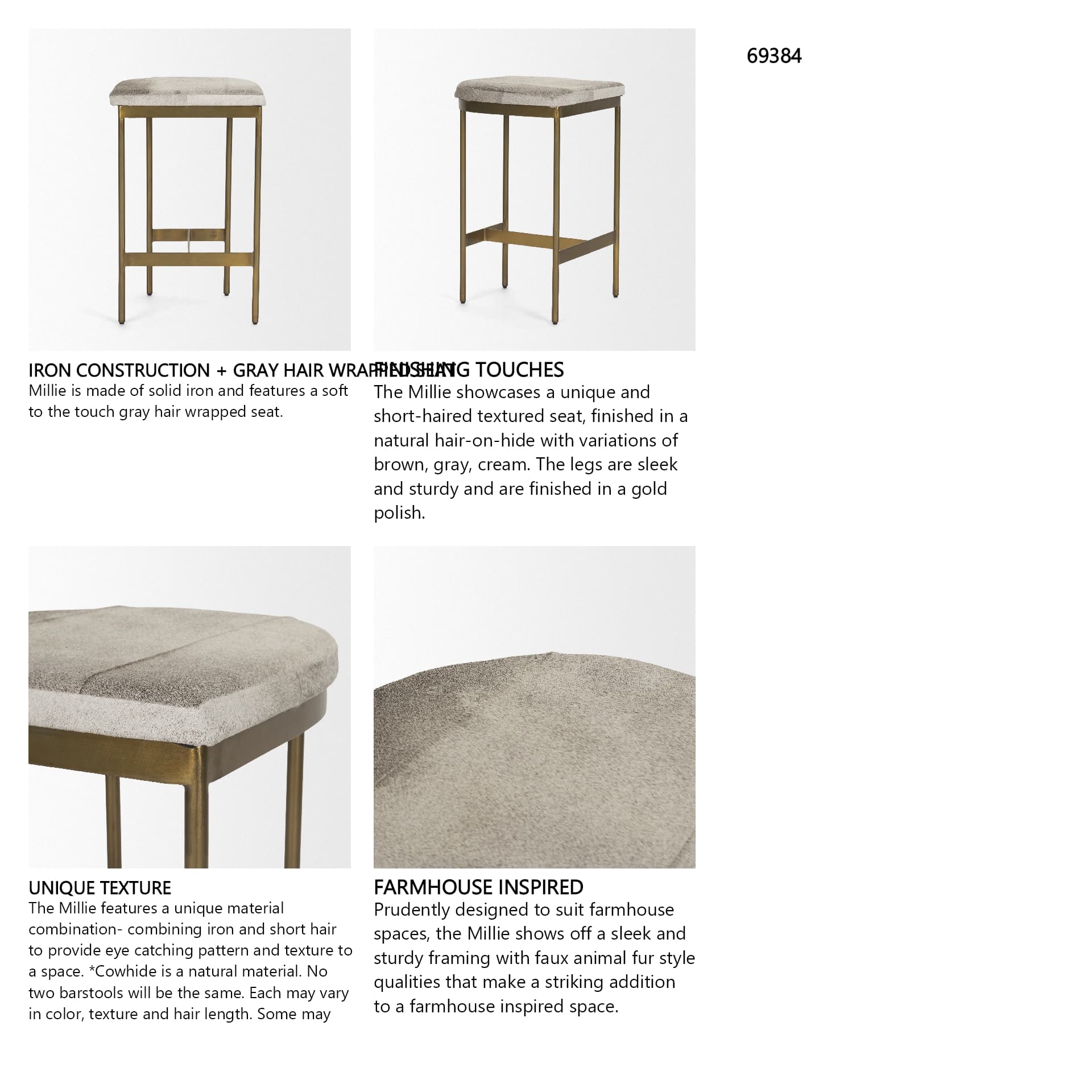 Millie Backless 26.25in Seat Counter Stool | Gray Hair-On-Hide — product photograph
