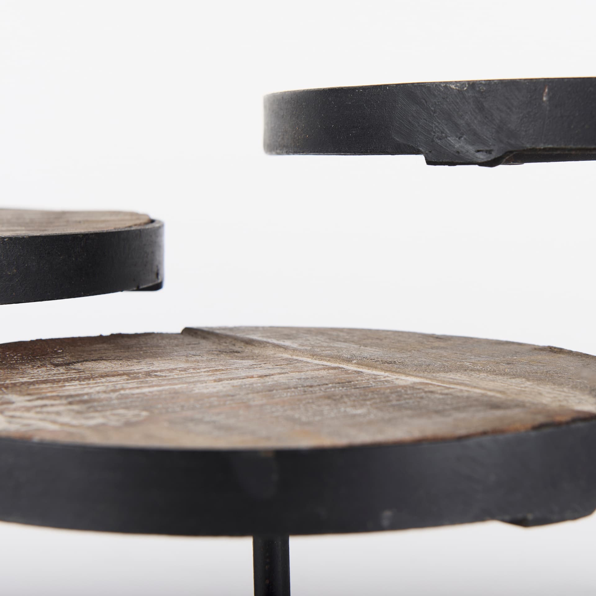 Lorenz (Set of 3) Light Brown Wood W/ Black Metal Base Round Decorative Display Stands — product photograph