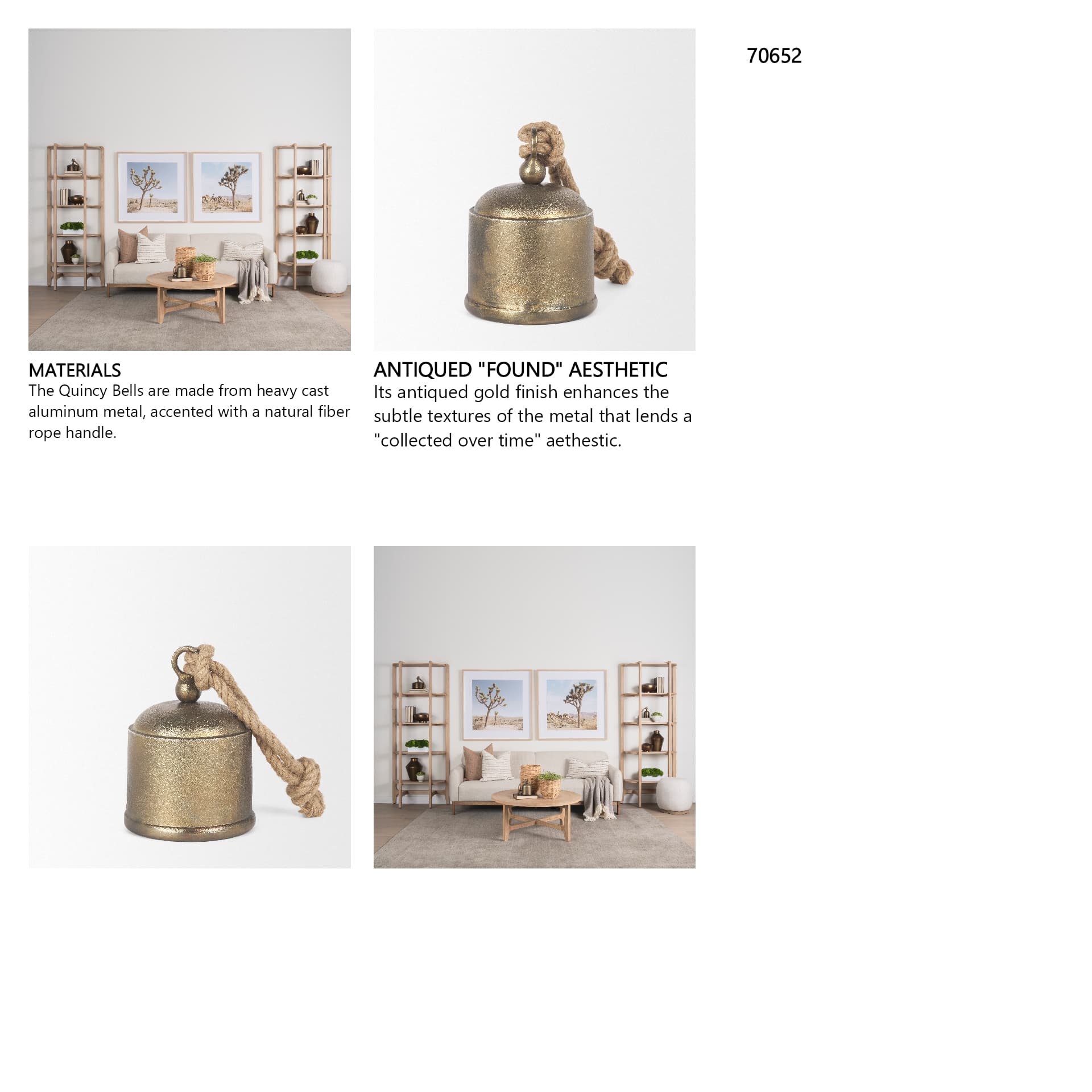 Quincy Medium Gold Metal Decorative Bell Object — in a styled room
