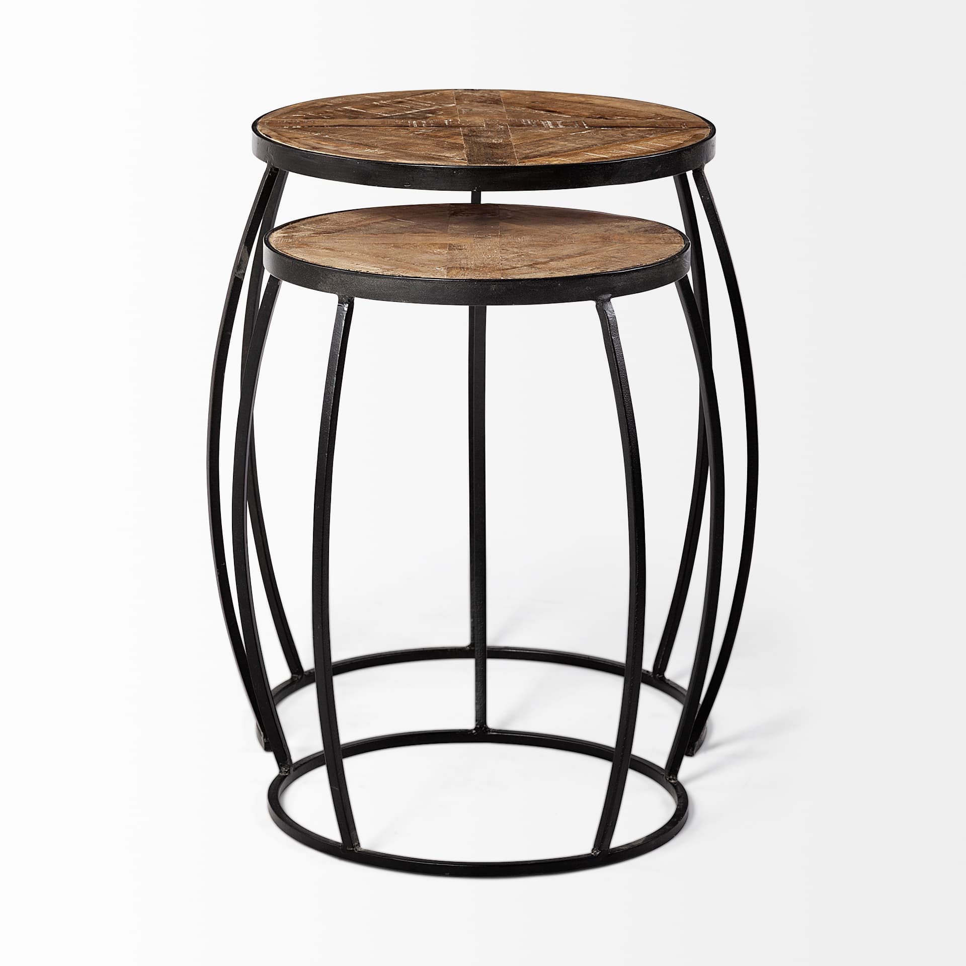 Clapp III (Set of 2) 20L x 20W Brown Round Wood Top W/ Black Metal Frame Nesting Accent Tables — product photograph