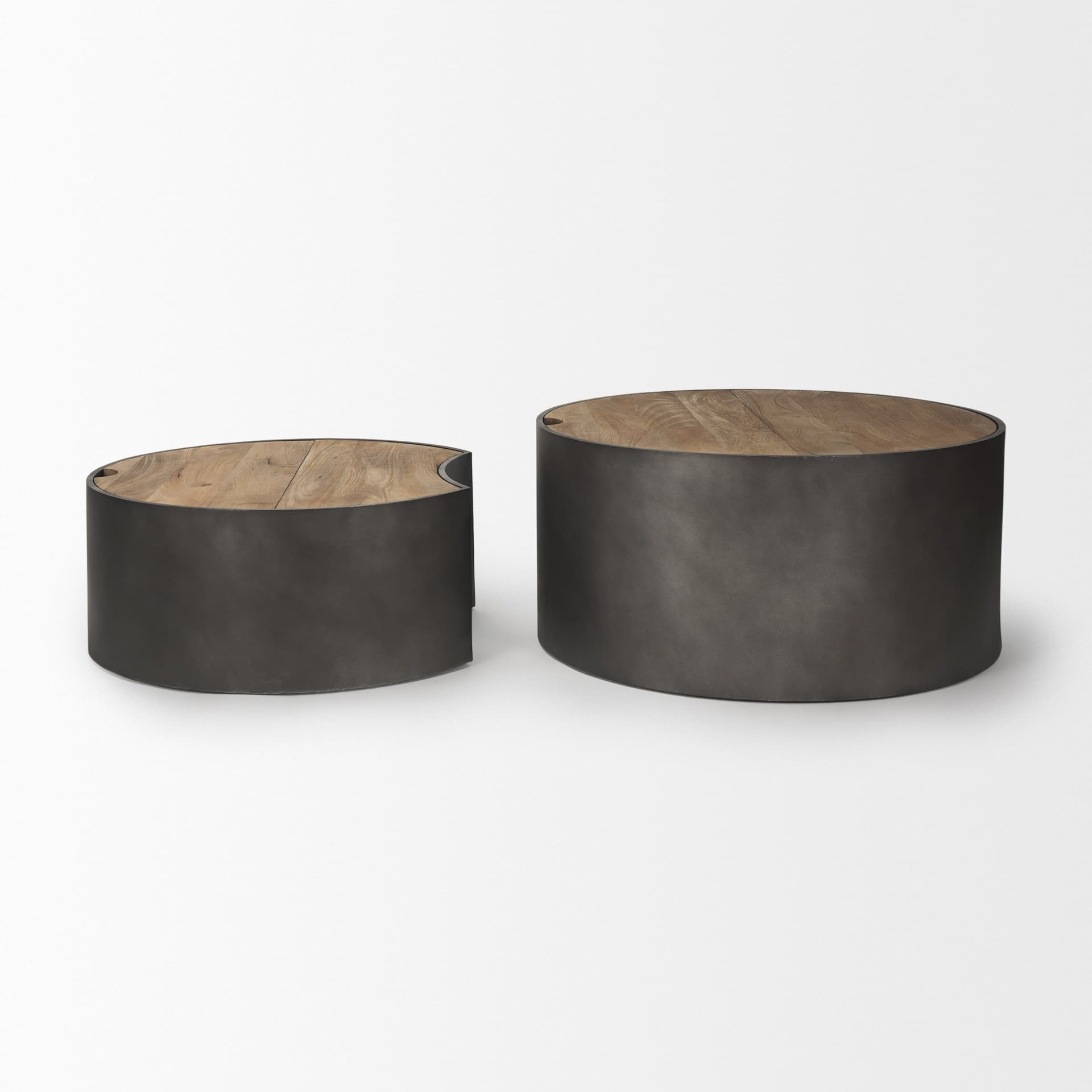 Eclipse Gunmetal Gray Drum Base w/ Brown Wood Top Nested Coffee Table — product photograph