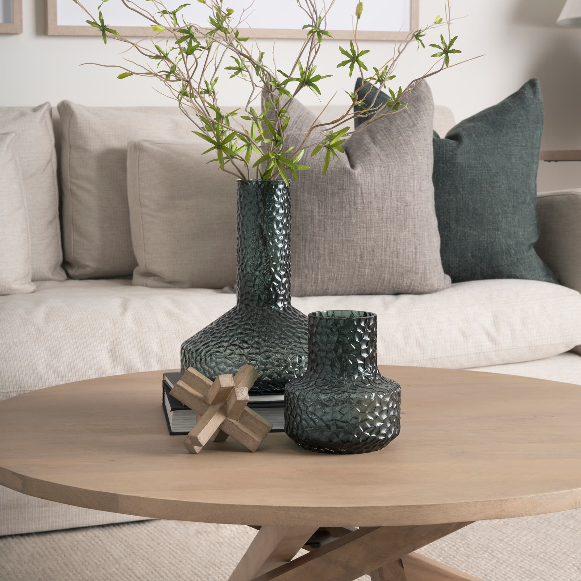 Jolene 7" Green Waterglass Glass Vase — in a styled room