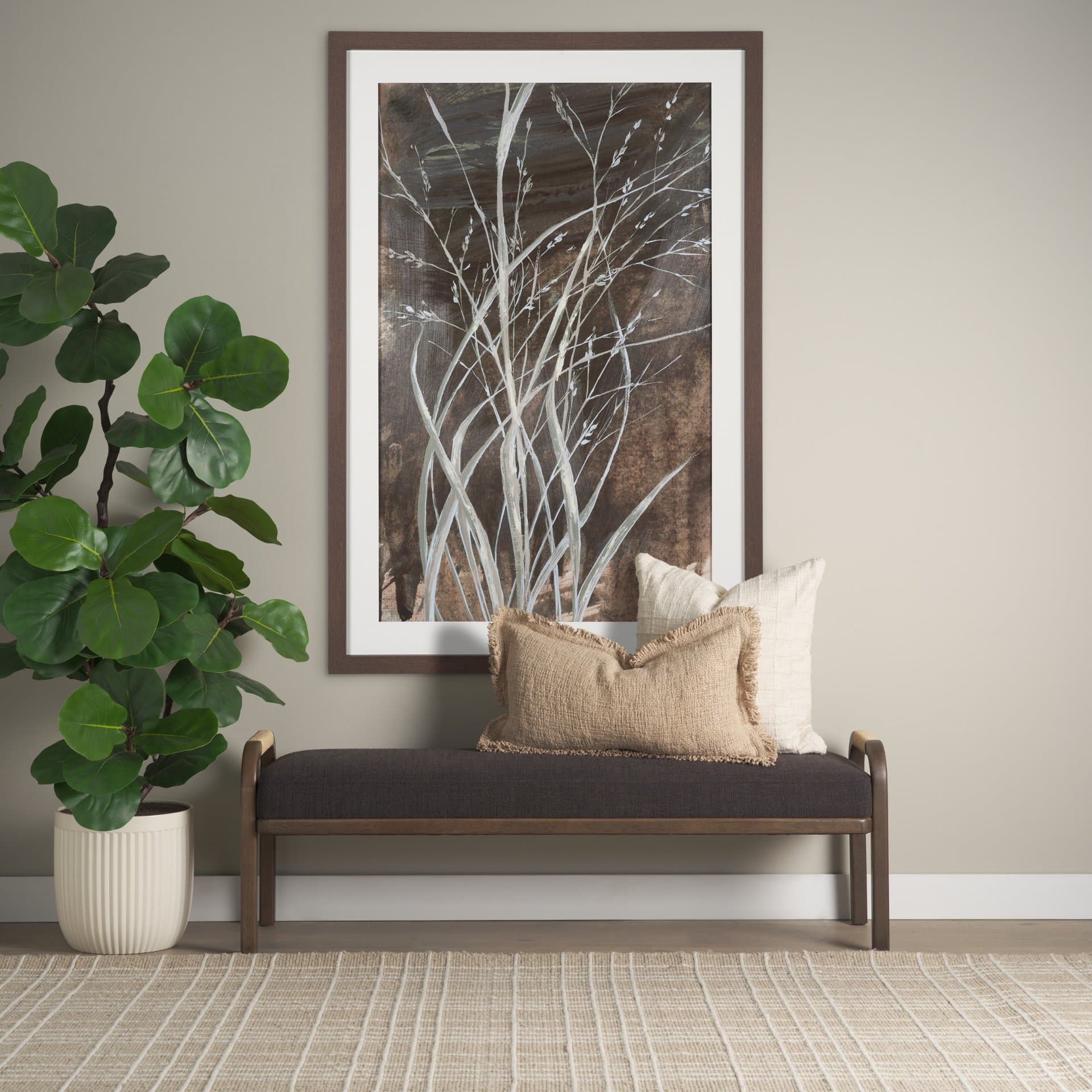 Freya Upholstered Bench | Charcoal Fabric | Brown Wood Frame — in a styled room