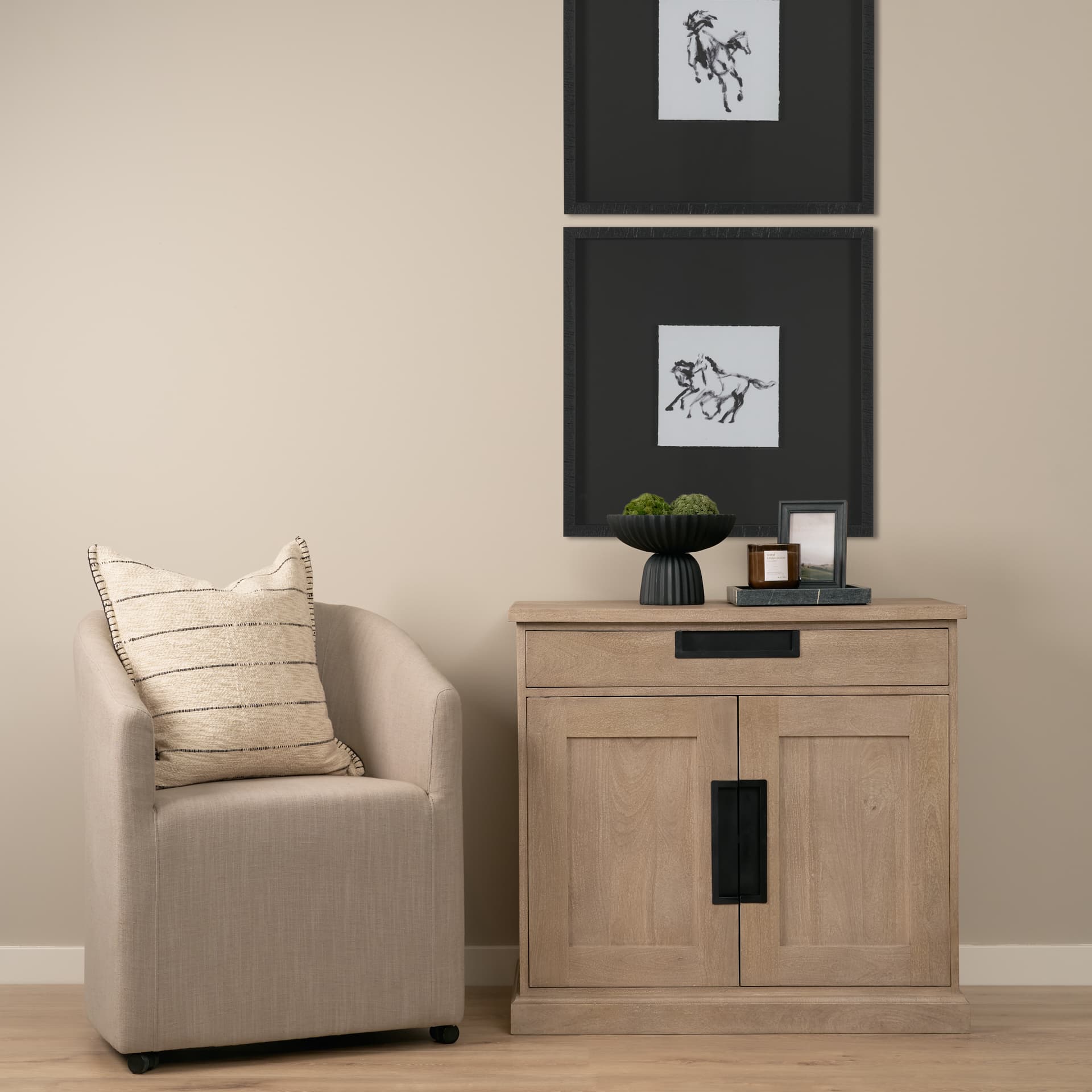 Braxton 33.5L x 18.5W x 31.5H Beige Wood W/Black Accents 2 Door Accent Cabinet — in a styled room