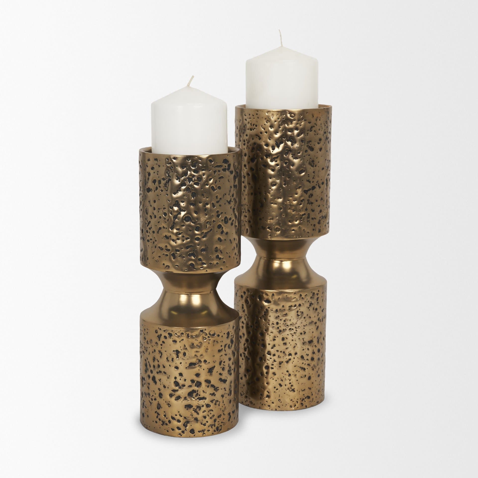 Akira Large Hammered Gold Metal Pillar Candle Holder — product photograph