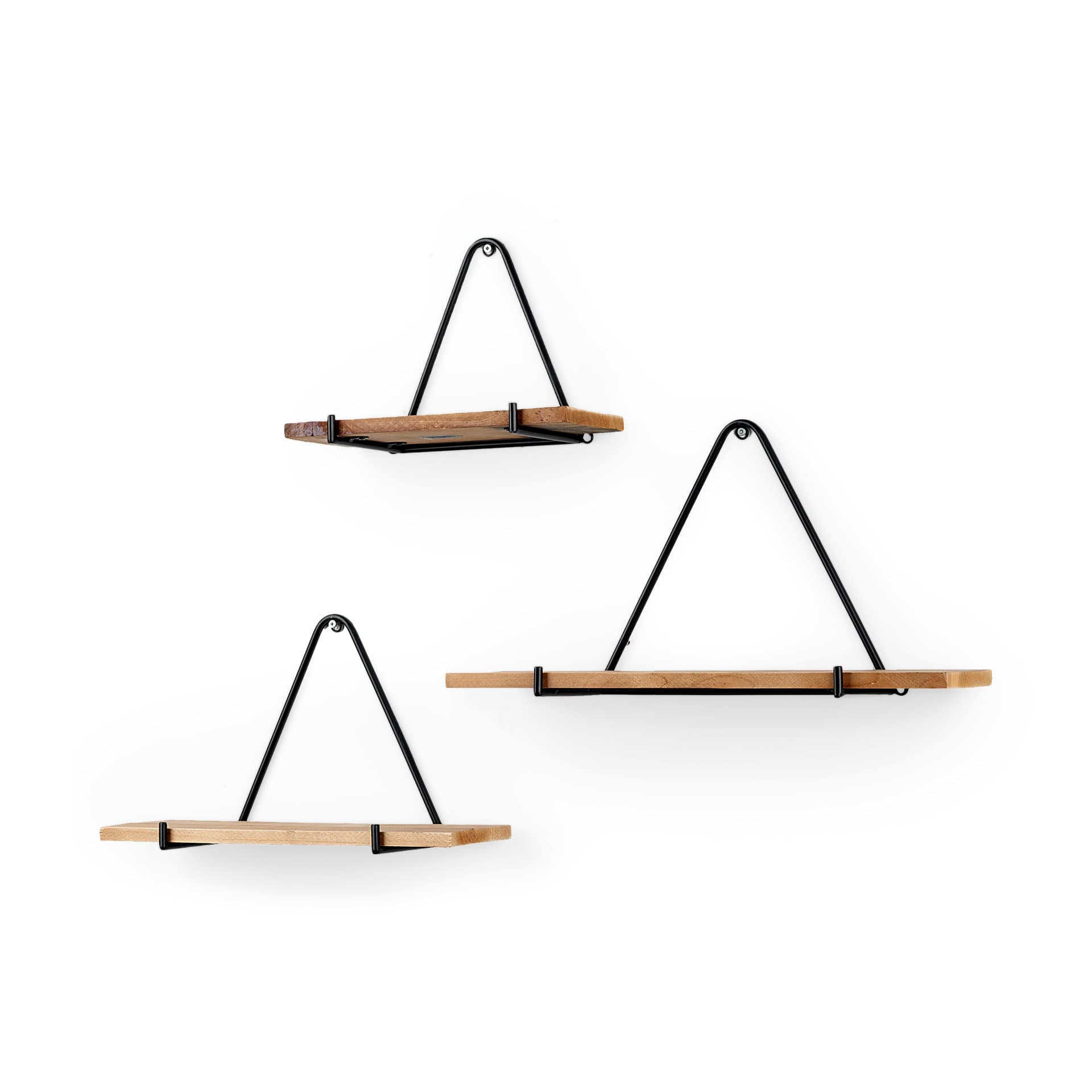 Khufu 18.9L x 5.5W x 10.2H Set of Three Brown Wood W/ Black Metal Triangular Hanging Shelves — product photograph