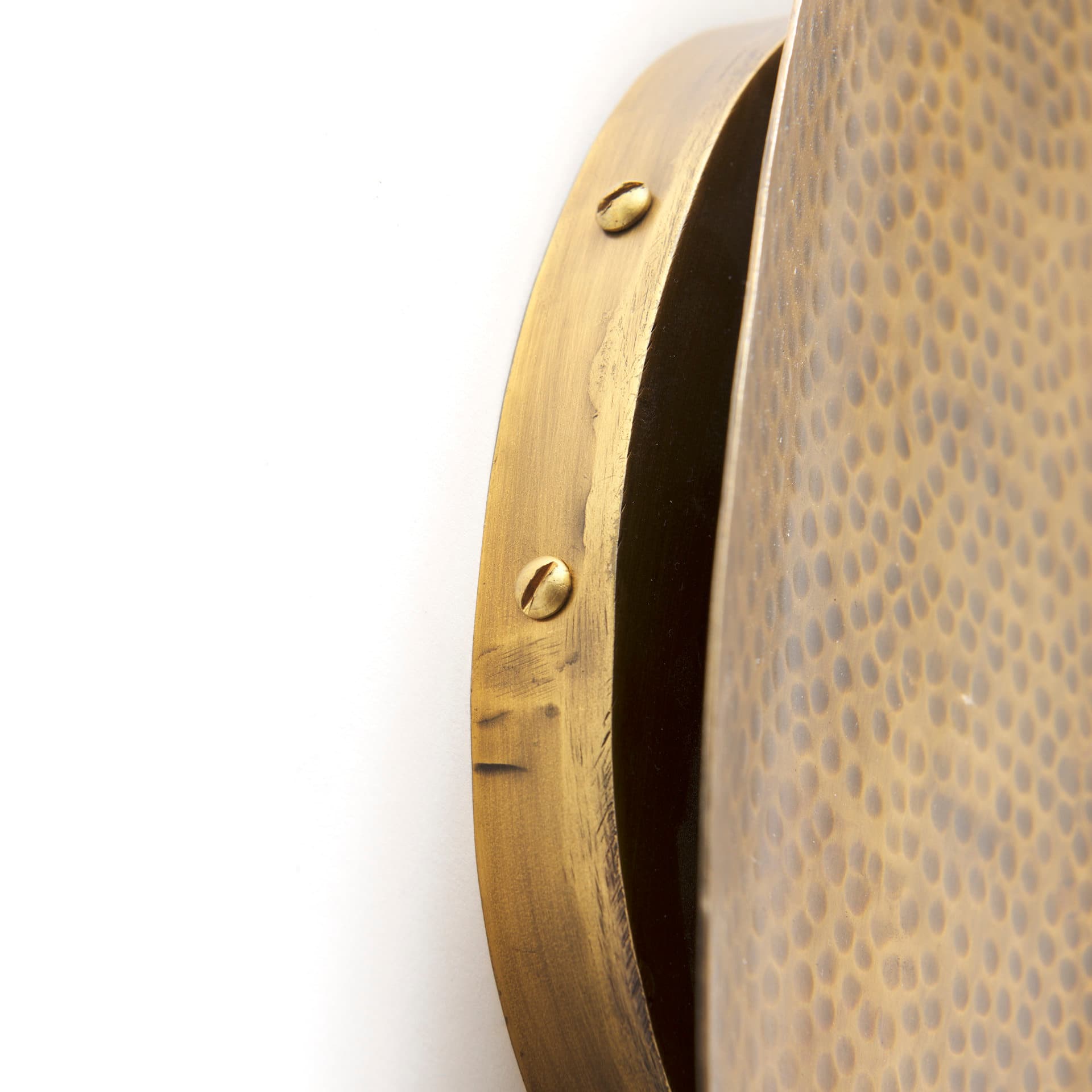 Clarence 7.0L x 5.3W x 17.0H Metal Hammered Gold Round Wall Sconce — product photograph