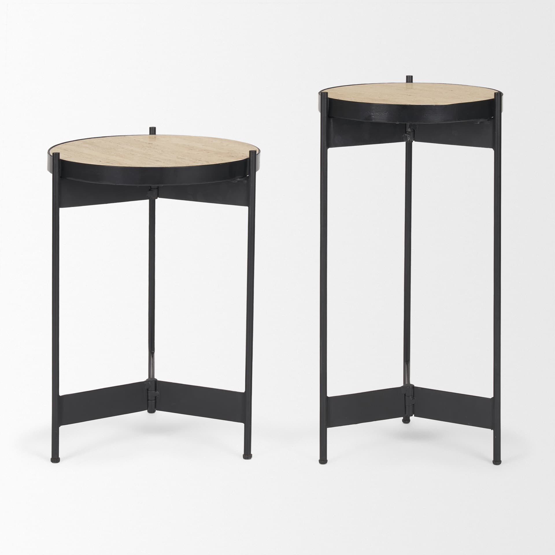 Wade Travertine Marble w/ Matte Black Metal End Tables — product photograph