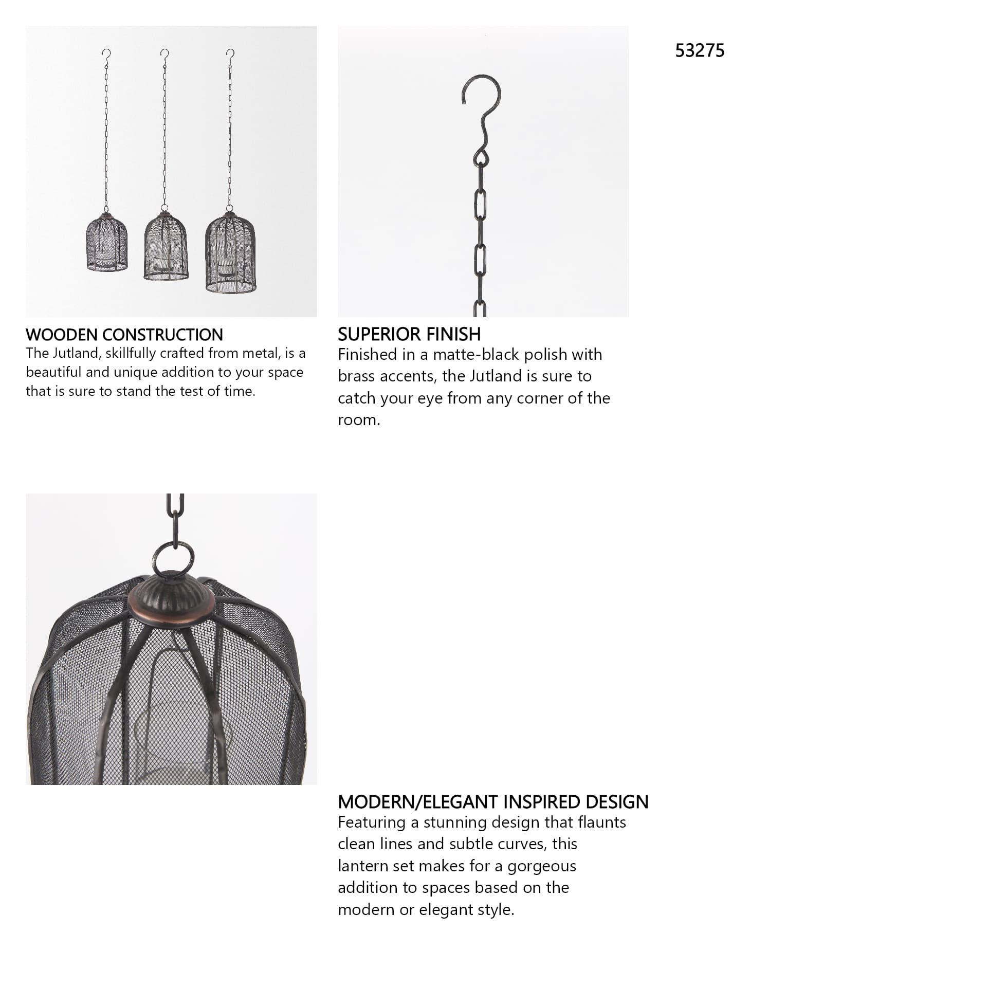 Jutland Set of Three Black Metal Bird Cage Candle Holder Lanterns — in a styled room