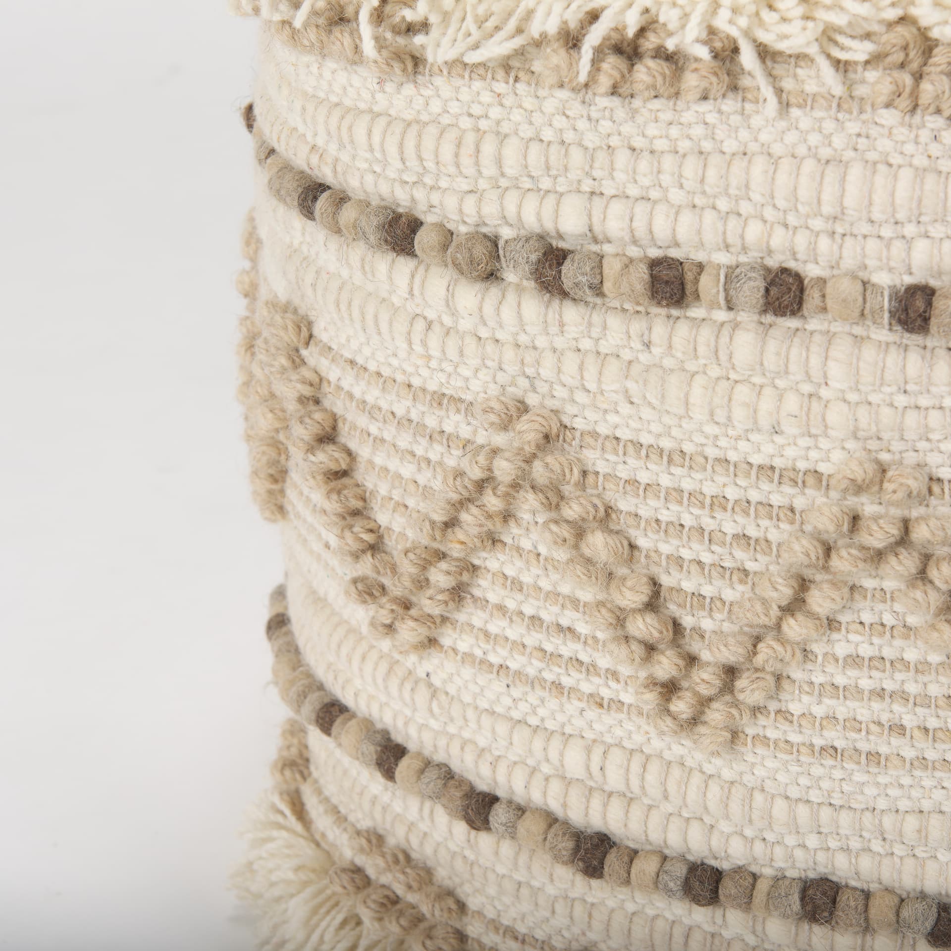 Caela Beige/Brown Wool, Cotton and Felt Popcorn Stitch Square Pouf — product photograph