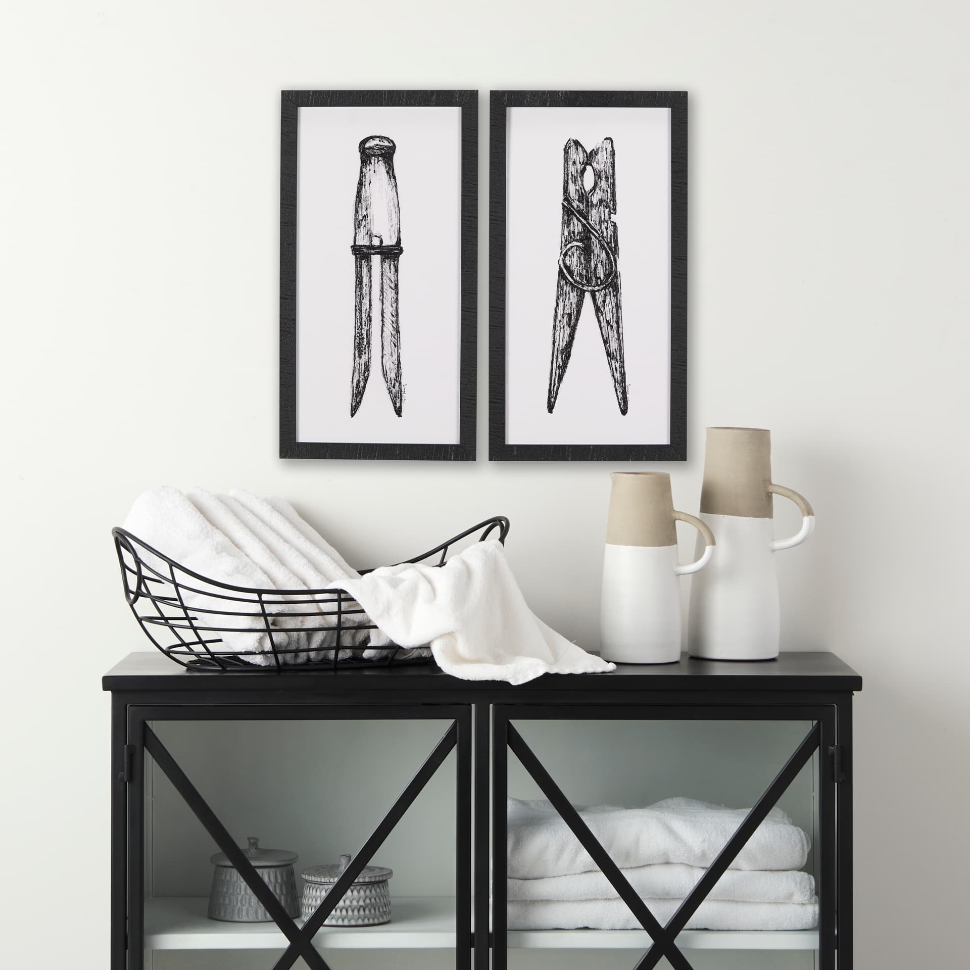 Vintage Cloth Peg I by Mercana Studio a Hand Embellished Textured Framed Art Print — in a styled room