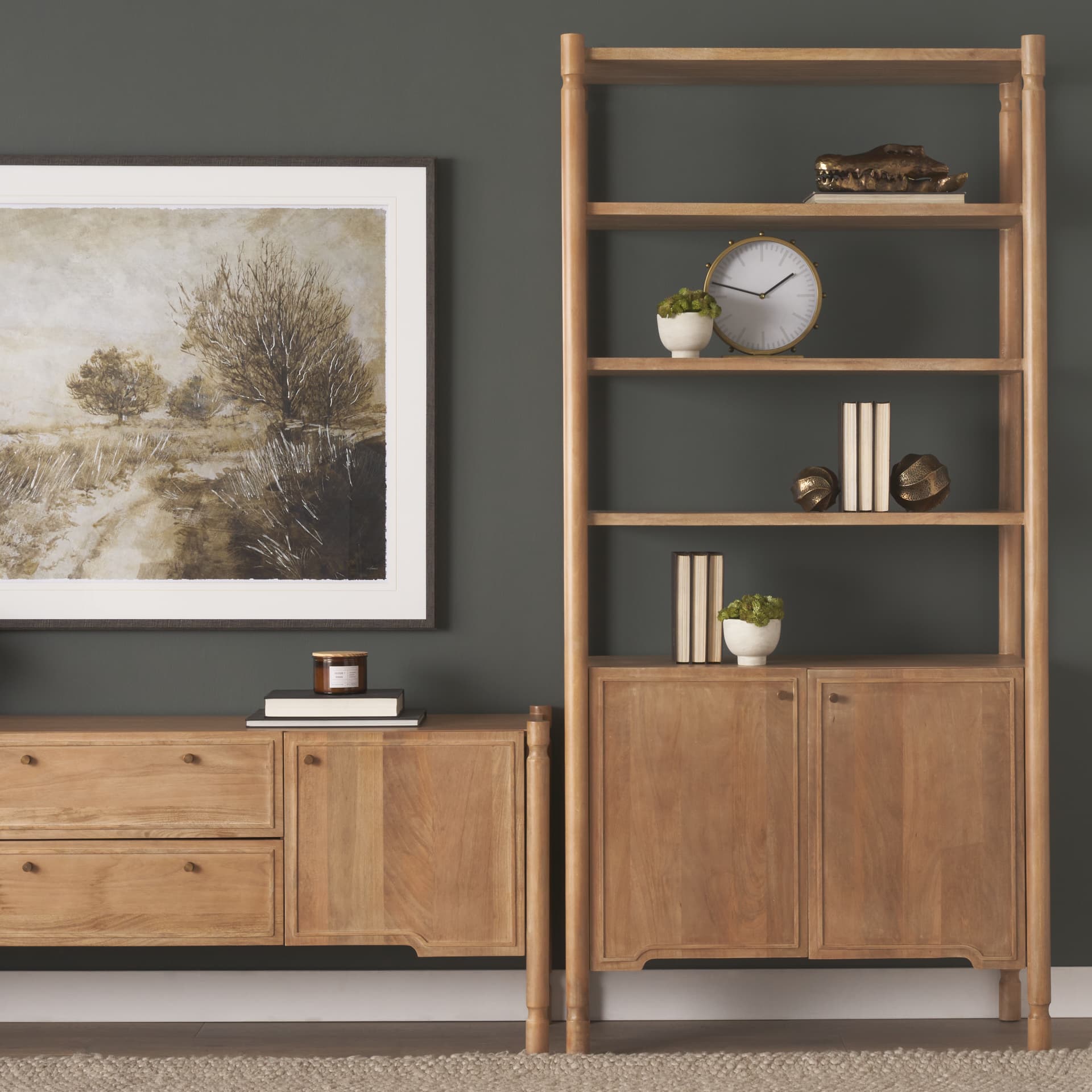 Phil Light Brown Wood 2 Door 3 Shelves Open Shelving Unit — in a styled room