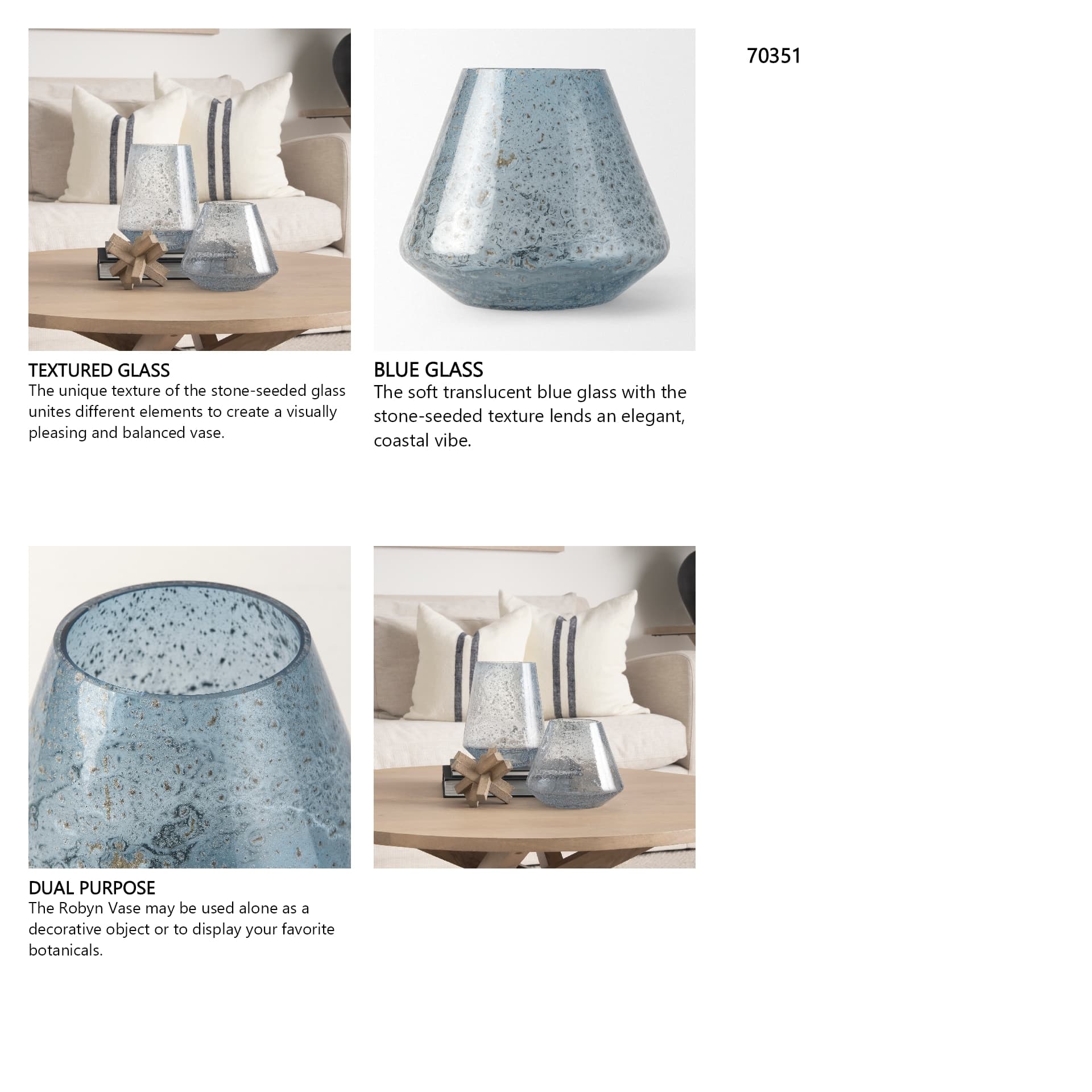 Robyn Short Blue Glass Vase — in a styled room