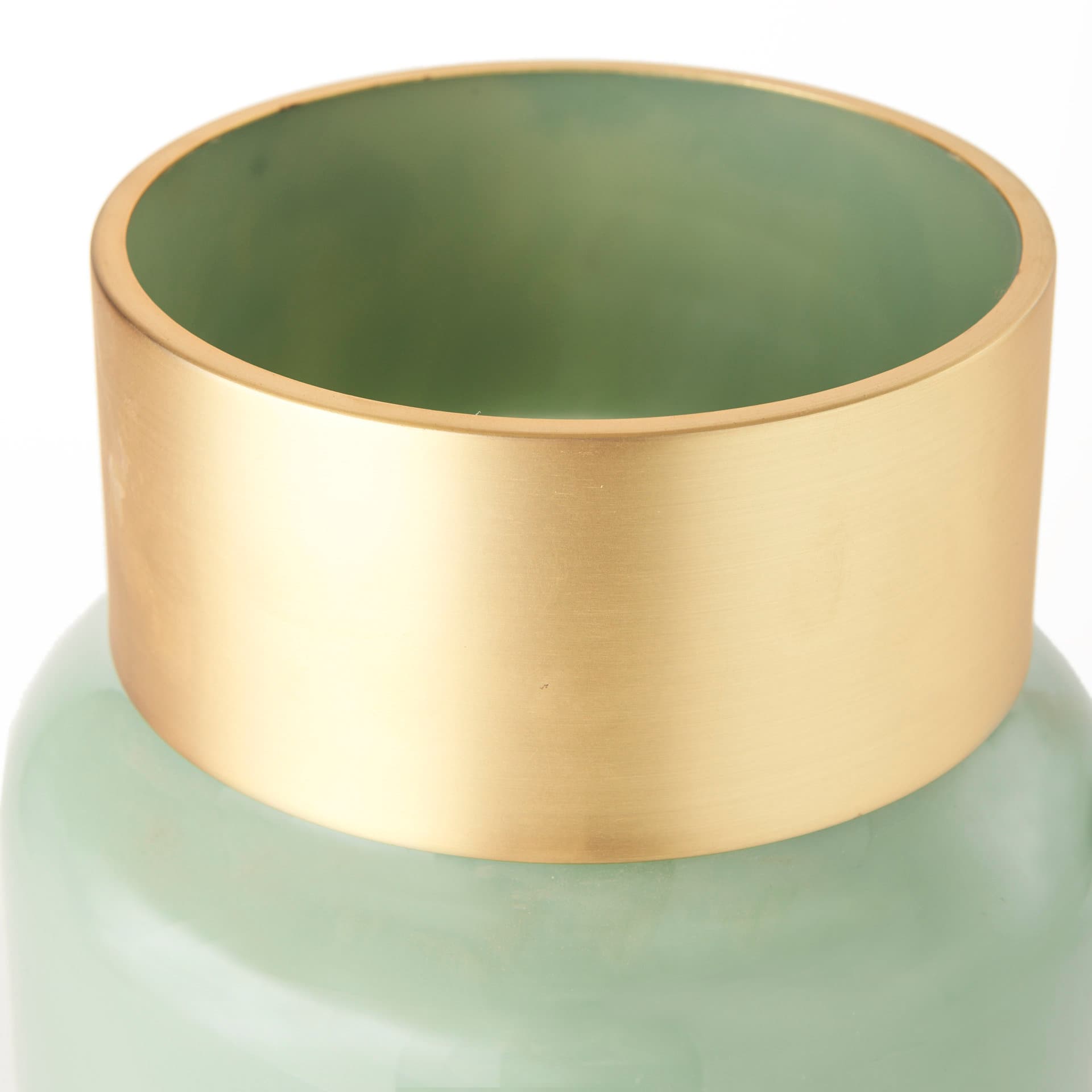 Minty Medium 8.7L x 8.7W x 12.4H Green Glass Vase W/Matte Gold Metal Neck Cuff — product photograph