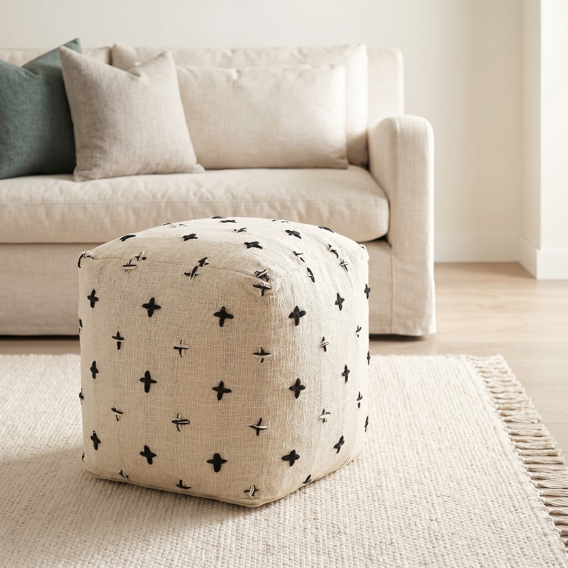 Saanvi Wool w/ Cream and Black Stitched Cross Patterned Pouf — product photograph