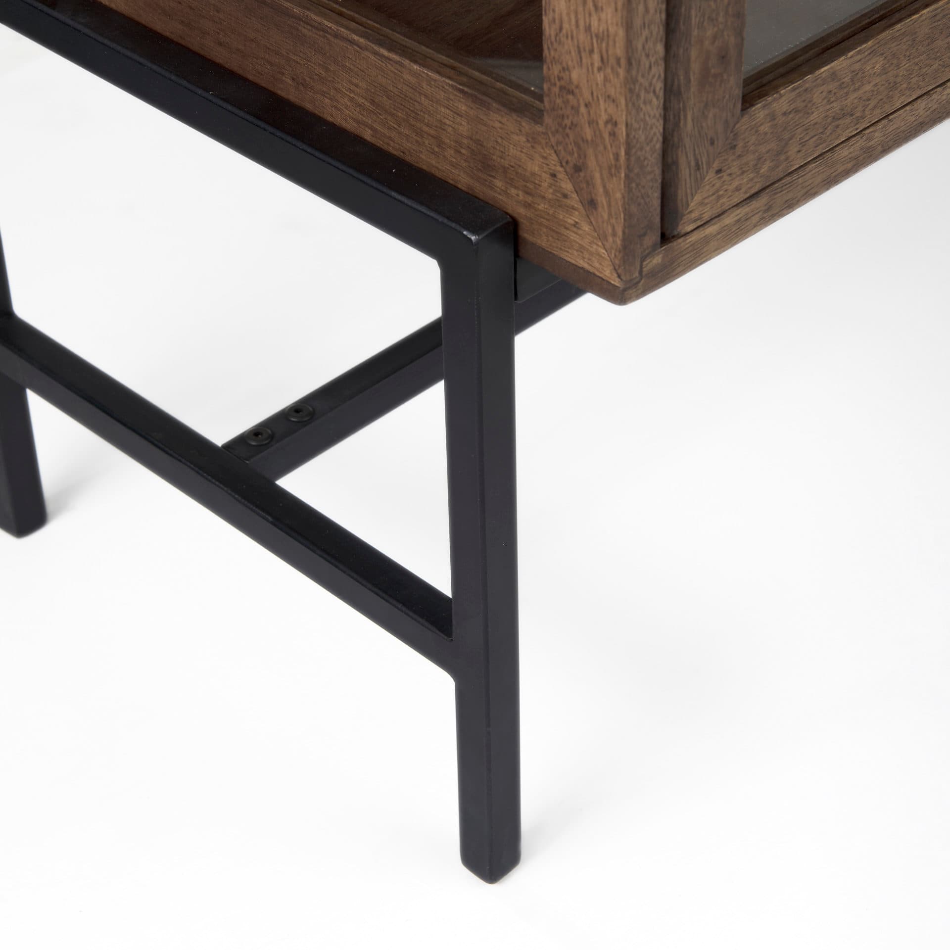 Arelius 36L x 18W x 32H Medium Brown Wood, Black Metal Base w/ 2 Glass Doors Accent Cabinet — product photograph
