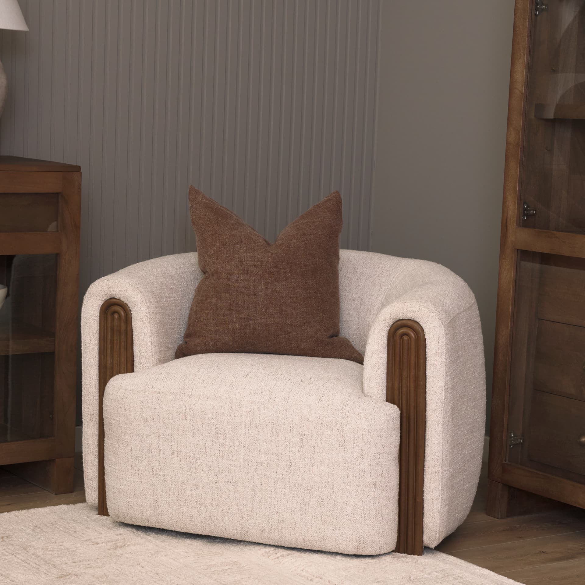 Kornelia Soft Oatmeal Fabric Barrel Accent Chair — product photograph