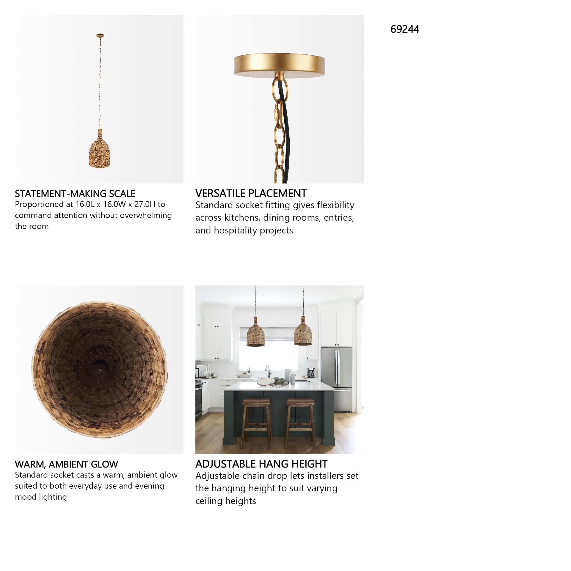 Campanile 16.0L x 16.0W x 27.0H Brown Whicker Pendant Light — in a styled room