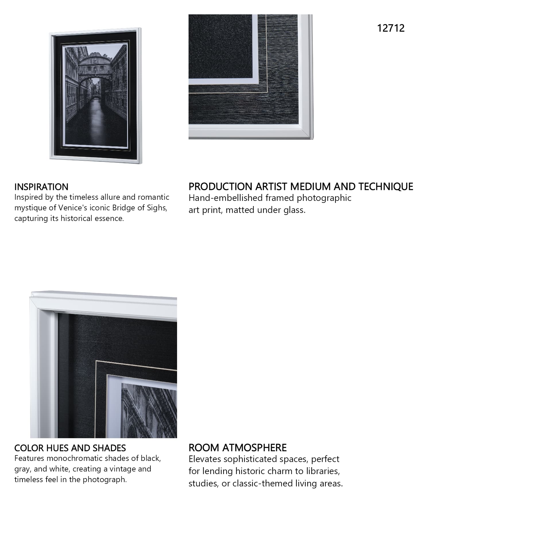 B&W Bridge of Sighs by Danny Head a Hand Embellished Textured Framed Photo Art Print Matted under Gl — in a styled room