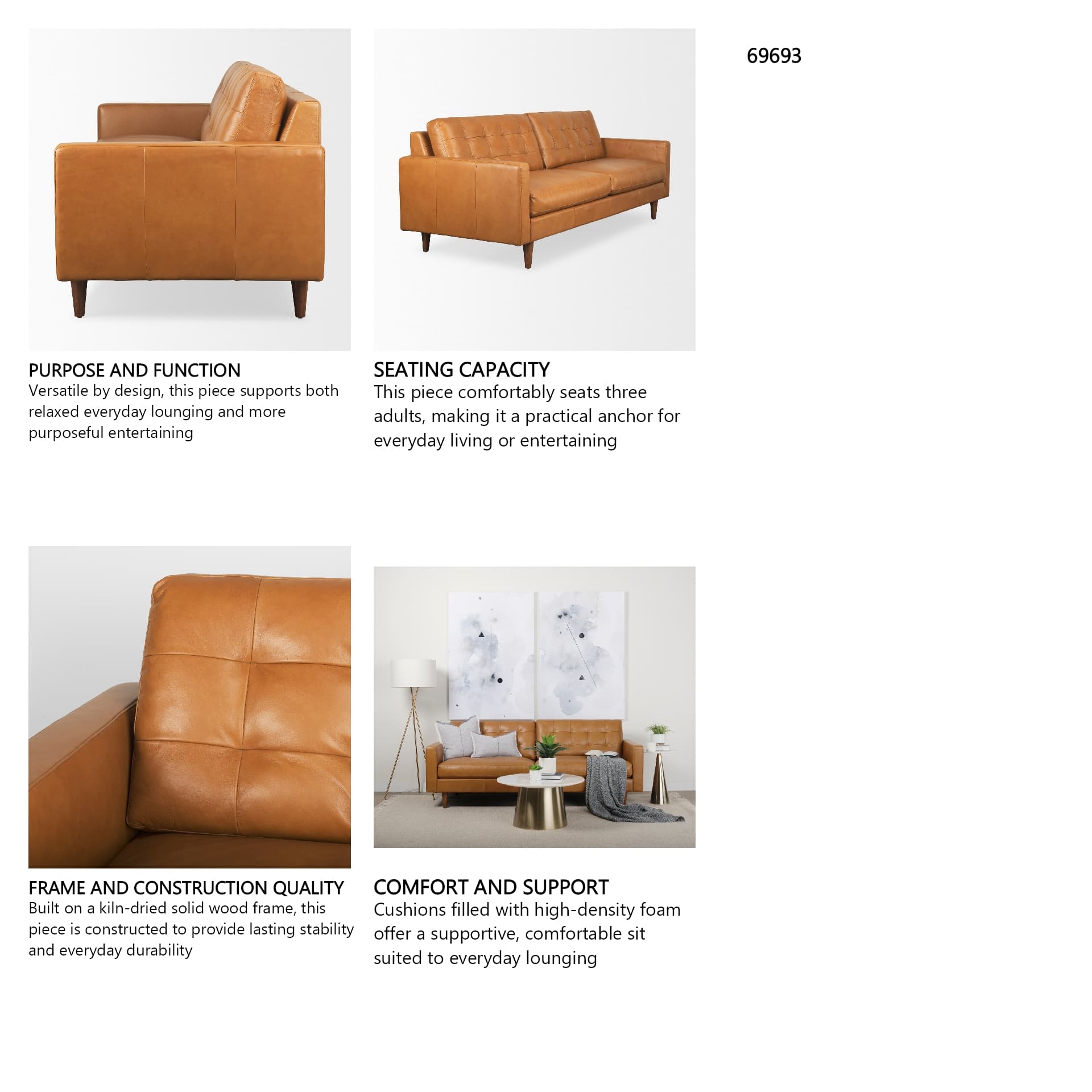 Olaf 88.2L x 37.8W x 35.0H Tan Leather Sofa — in a styled room