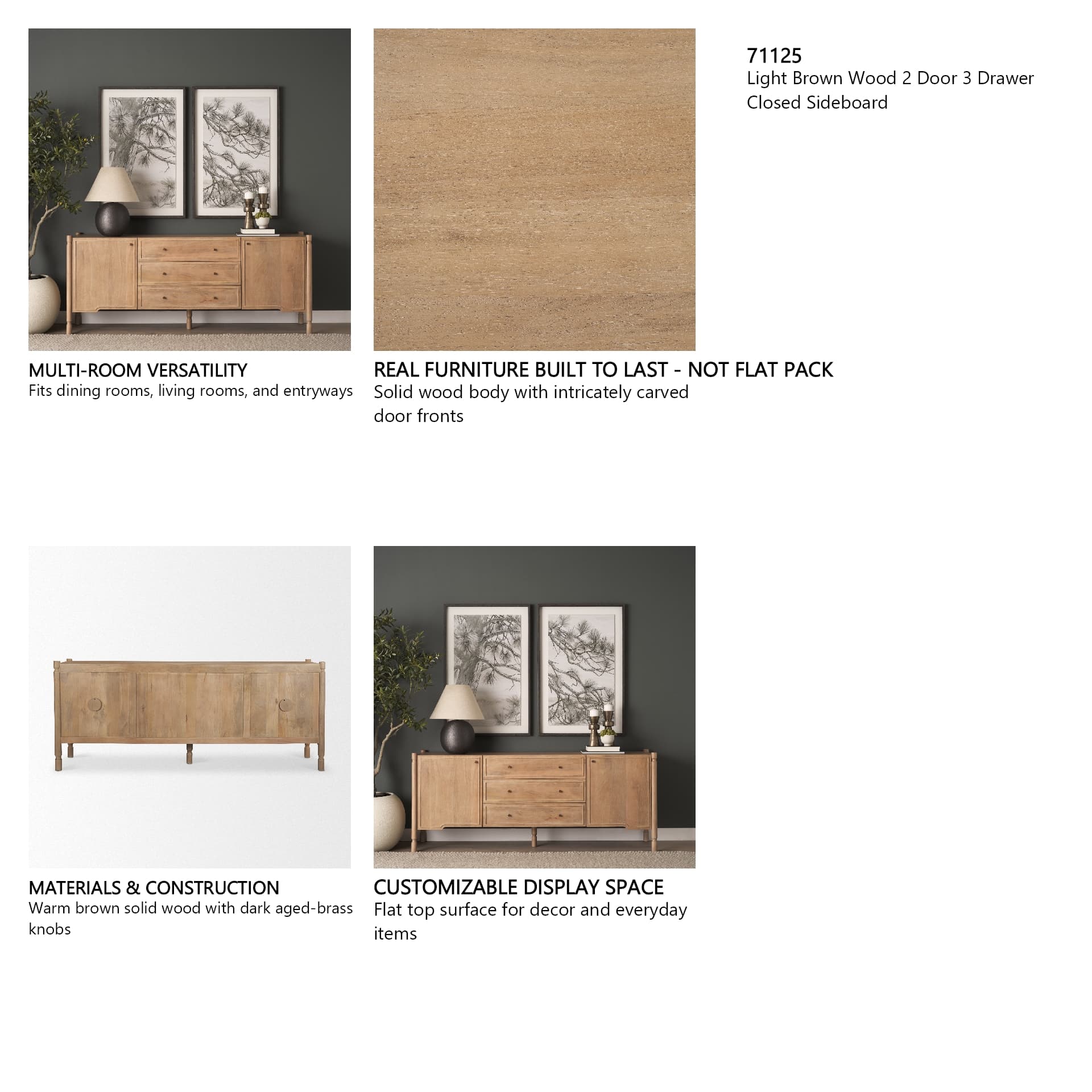 Phil Light Brown Wood 2 Door 3 Drawer Closed Sideboard — product photograph