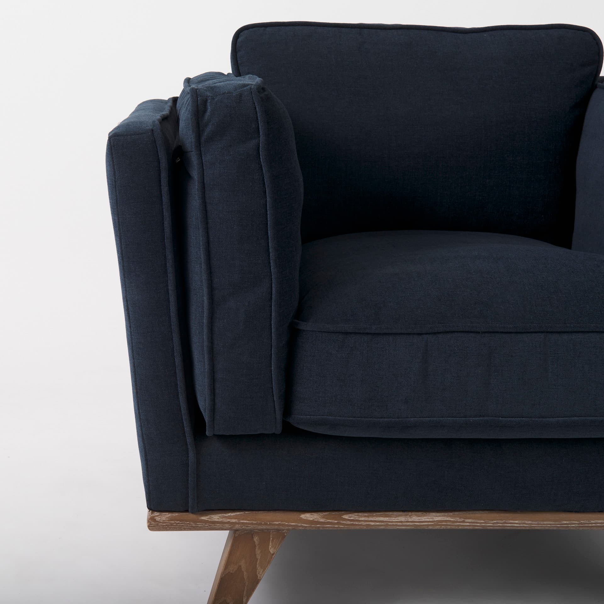Brooks 41.7L x 34.8W x 33.5H Navy Blue Fabric Chair W/ Medium Brown Wooden Legs — product photograph
