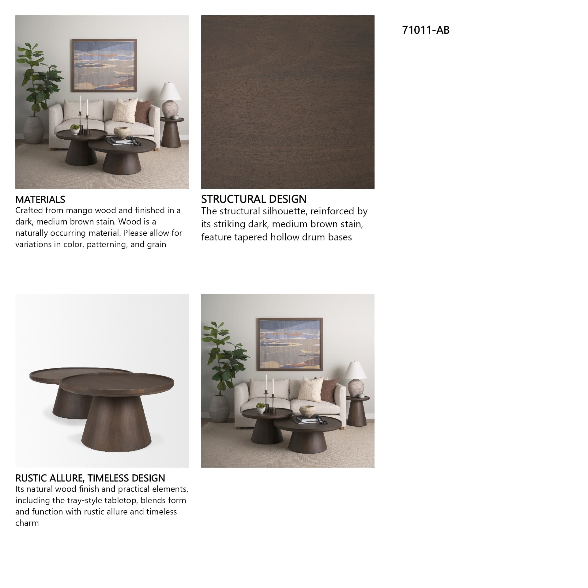 Takoda Dark Brown Wood Tapered Drum Nesting Coffee Tables — in a styled room