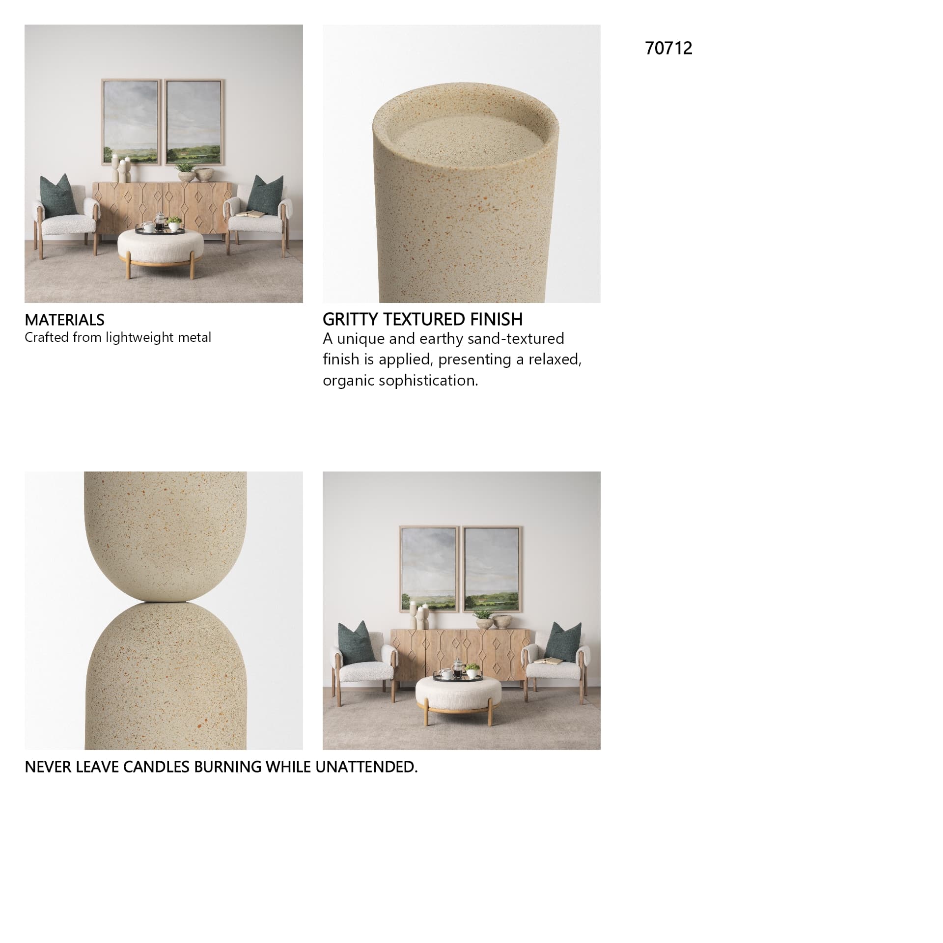 Qamra Tall Beige Textured Metal Pillar Candle Holder Candle Holder — in a styled room