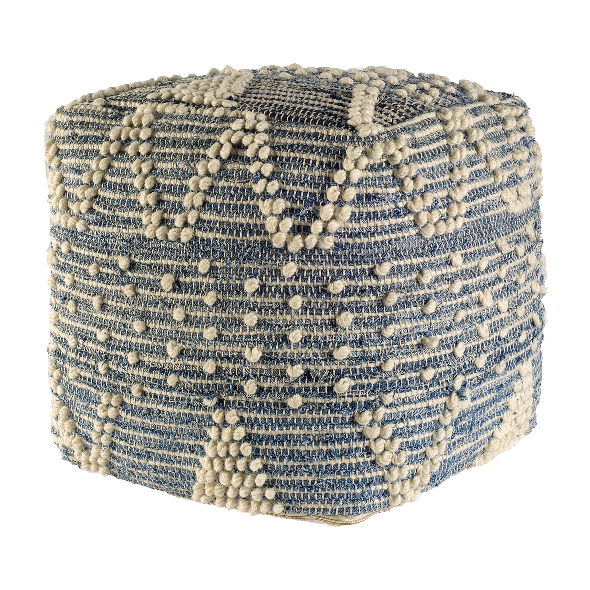 Rofi Blue Denim and Cream Cotton Stitched Square Pouf — product photograph