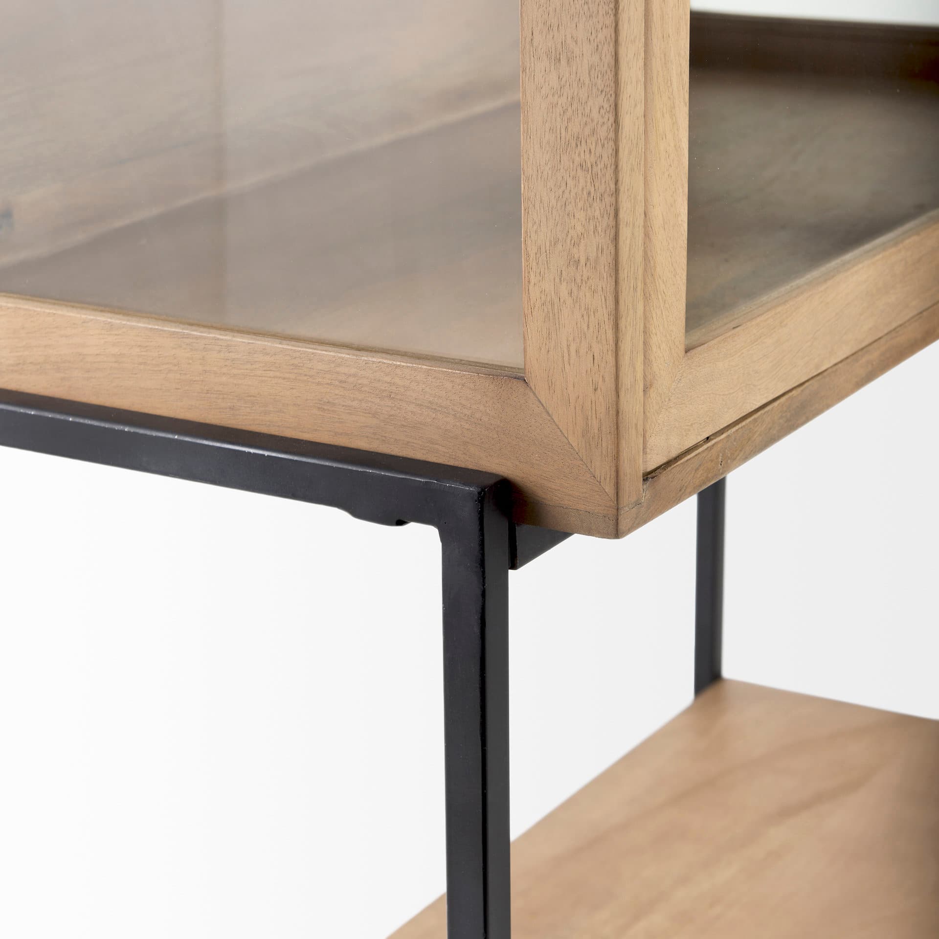 Arelius 36L x 18.75W x 63H Light Brown Wood W/ Black Metal Base Display Cabinet — product photograph