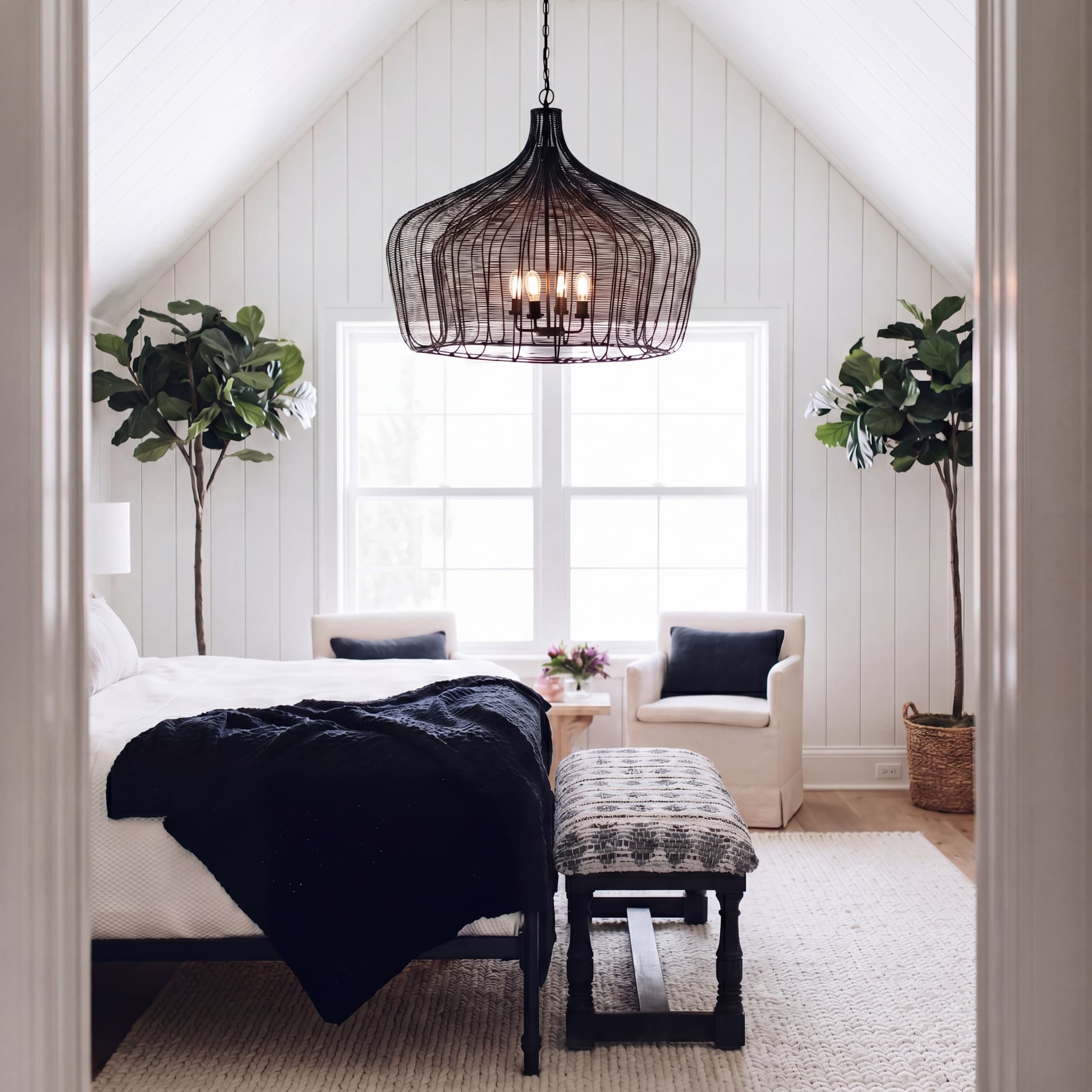 Camila (40"x31") Black Metal Mesh-Style Four Bulb Chandelier — product photograph