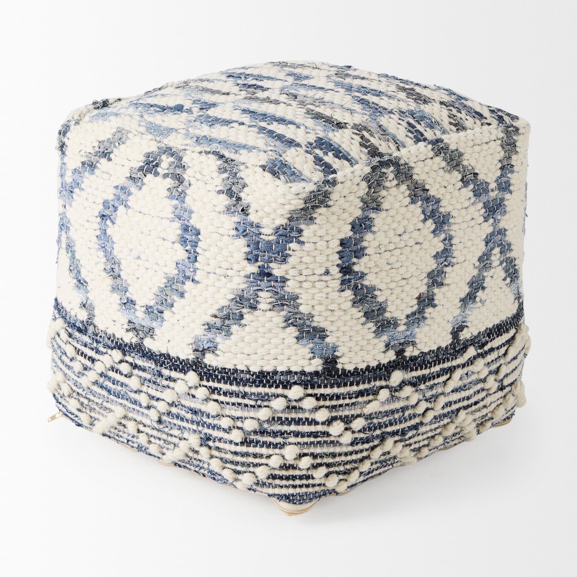 Eshana 16.0L x 16.0W x 16.0H Cream Wool and Denim Patterned Pouf — product photograph